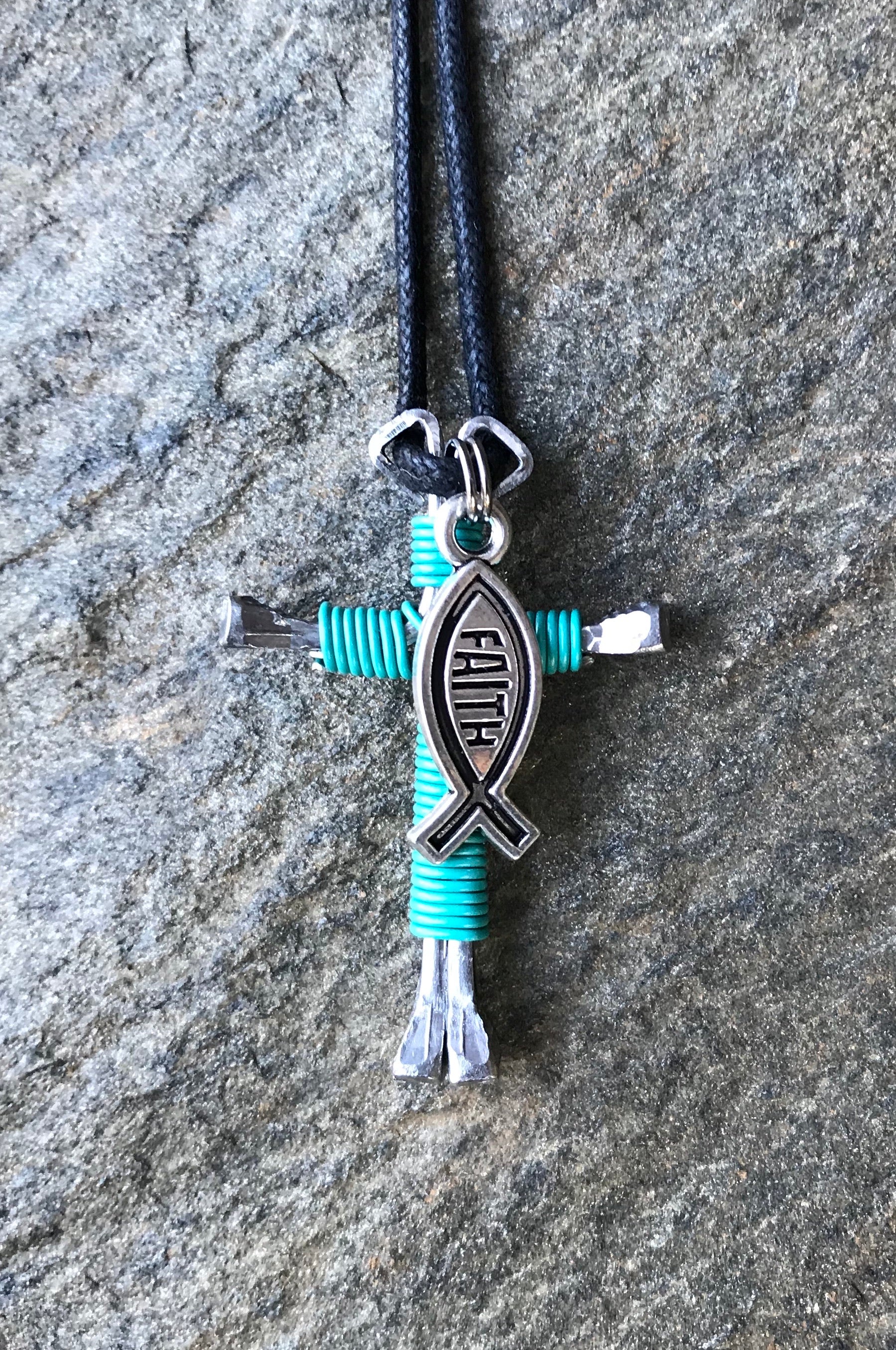Turquoise Horseshoe Nail Cross Necklace with Faith Charm