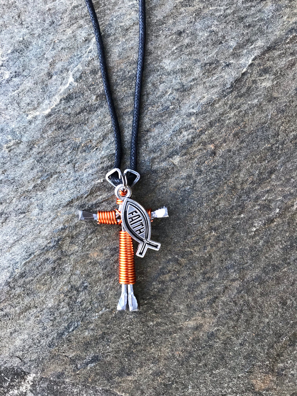 Orange Horseshoe Nail Cross Necklace with Faith Charm