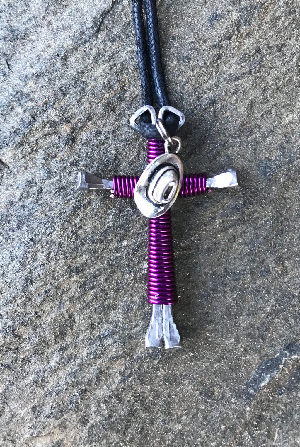 Amethyst Horseshoe Nail Cross Necklace with Hat Charm