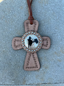 Saddle Barrel Racing Western Leather Cross with Tooling ~Tie on Saddle ~  Western Rear view mirror decor