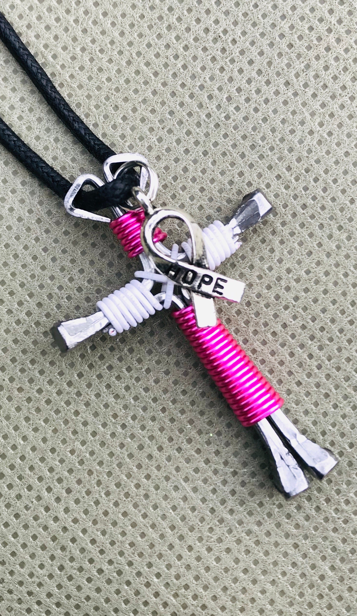 Breast Cancer Hope Charm Pink/White Horseshoe Nail Cross Necklace