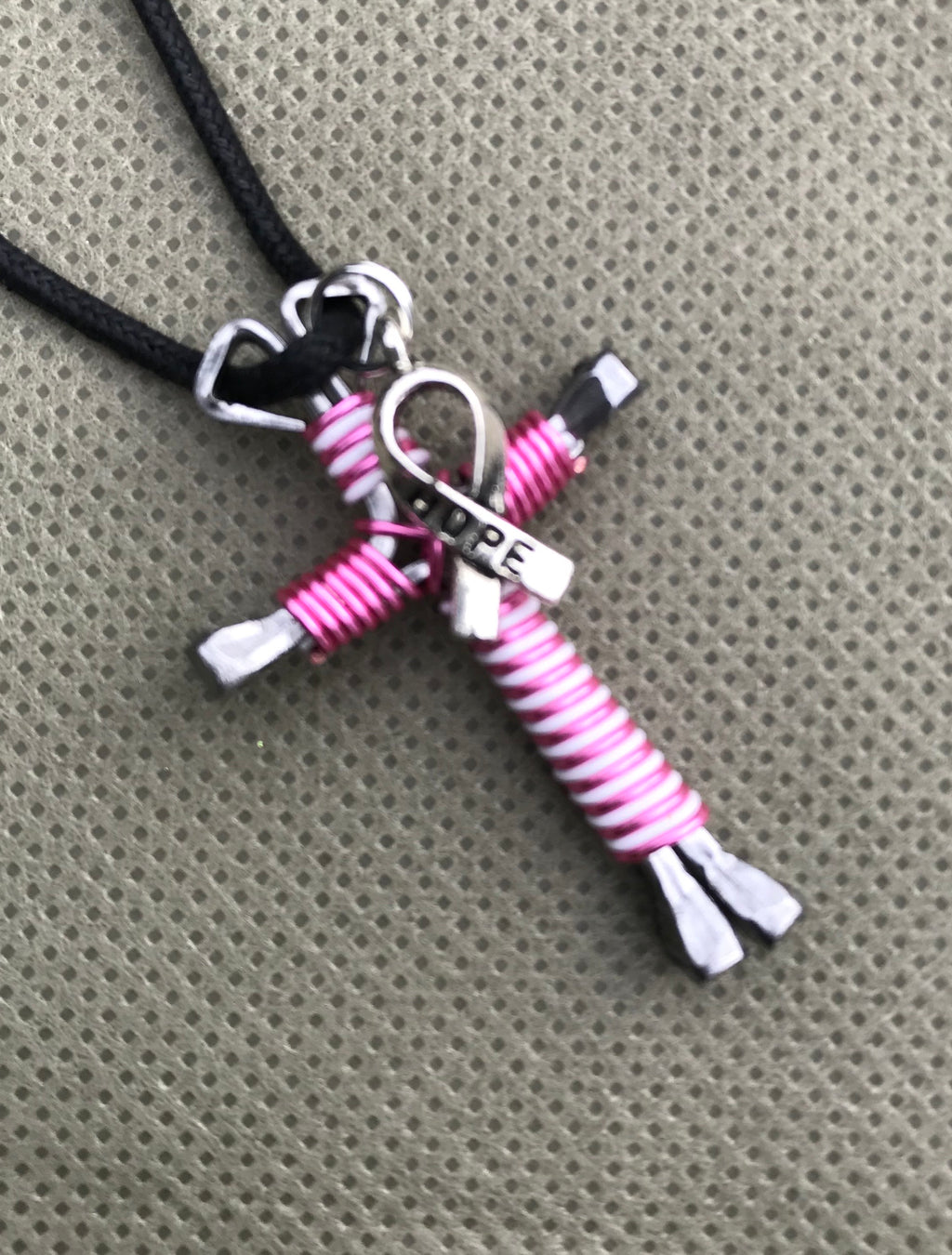 Breast Cancer Hope Charm Pink/White Intertwined Horseshoe Nail Cross Necklace