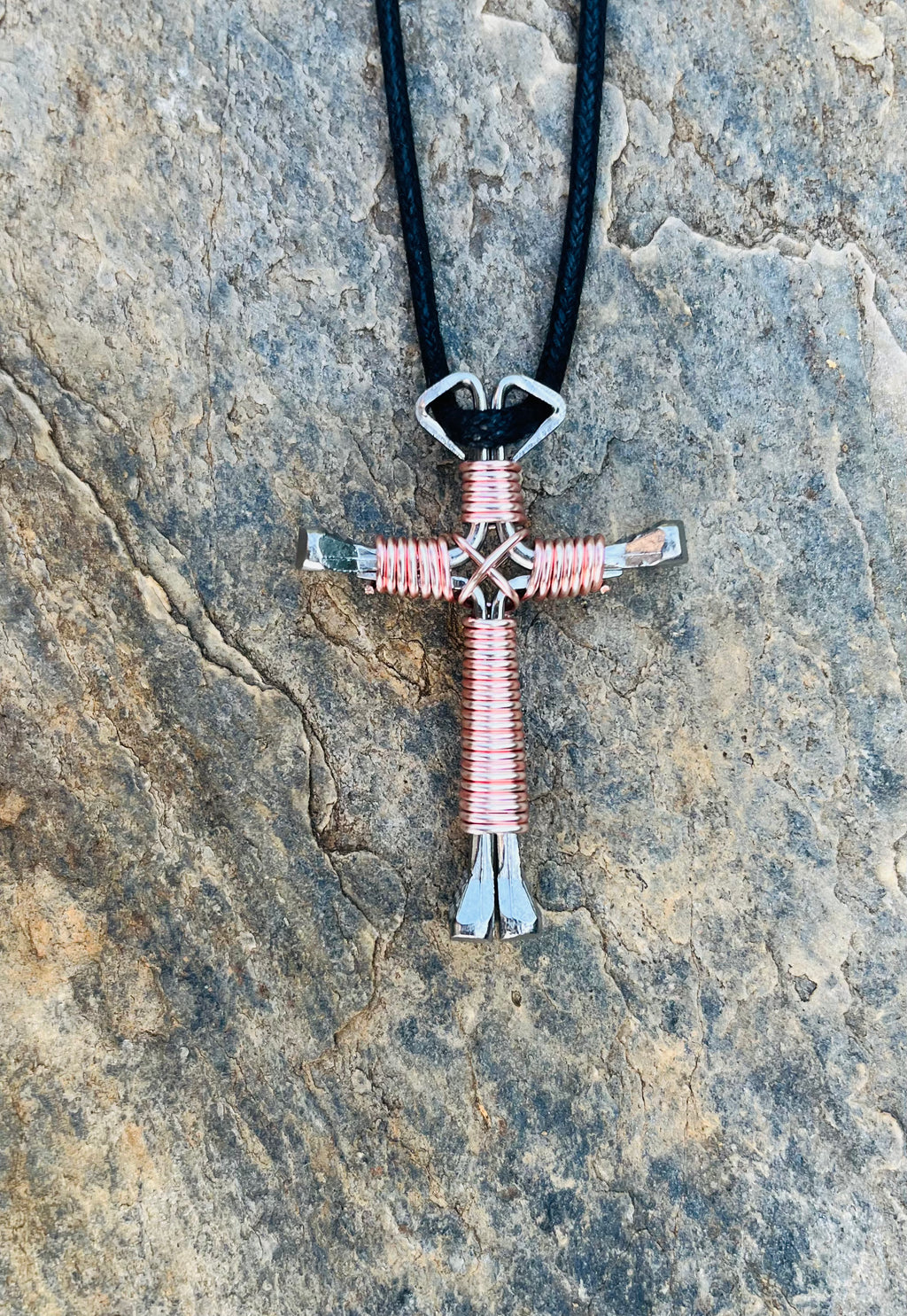 Rose Gold Handmade Horseshoe Nail Cross Necklace