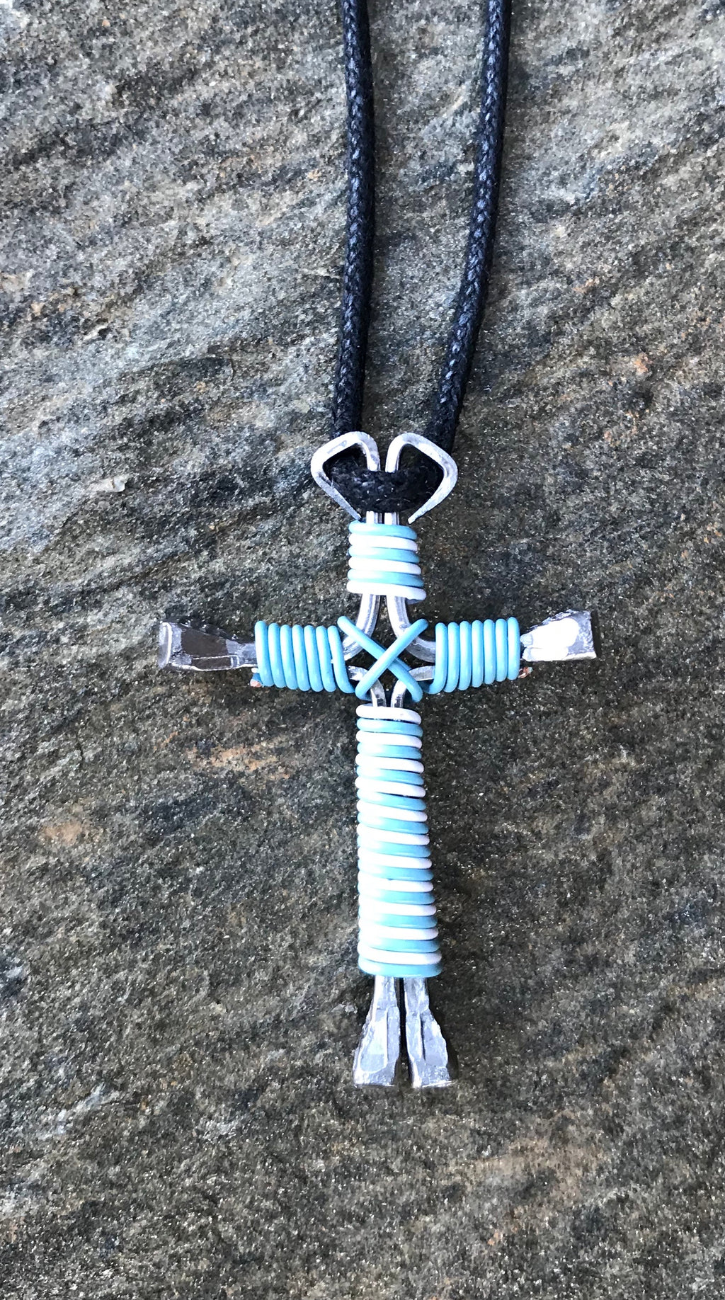 Blue Sky/White Intertwined Horseshoe Nail Cross Necklace