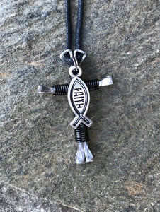 Black Horseshoe Nail Cross Necklace with Faith Charm