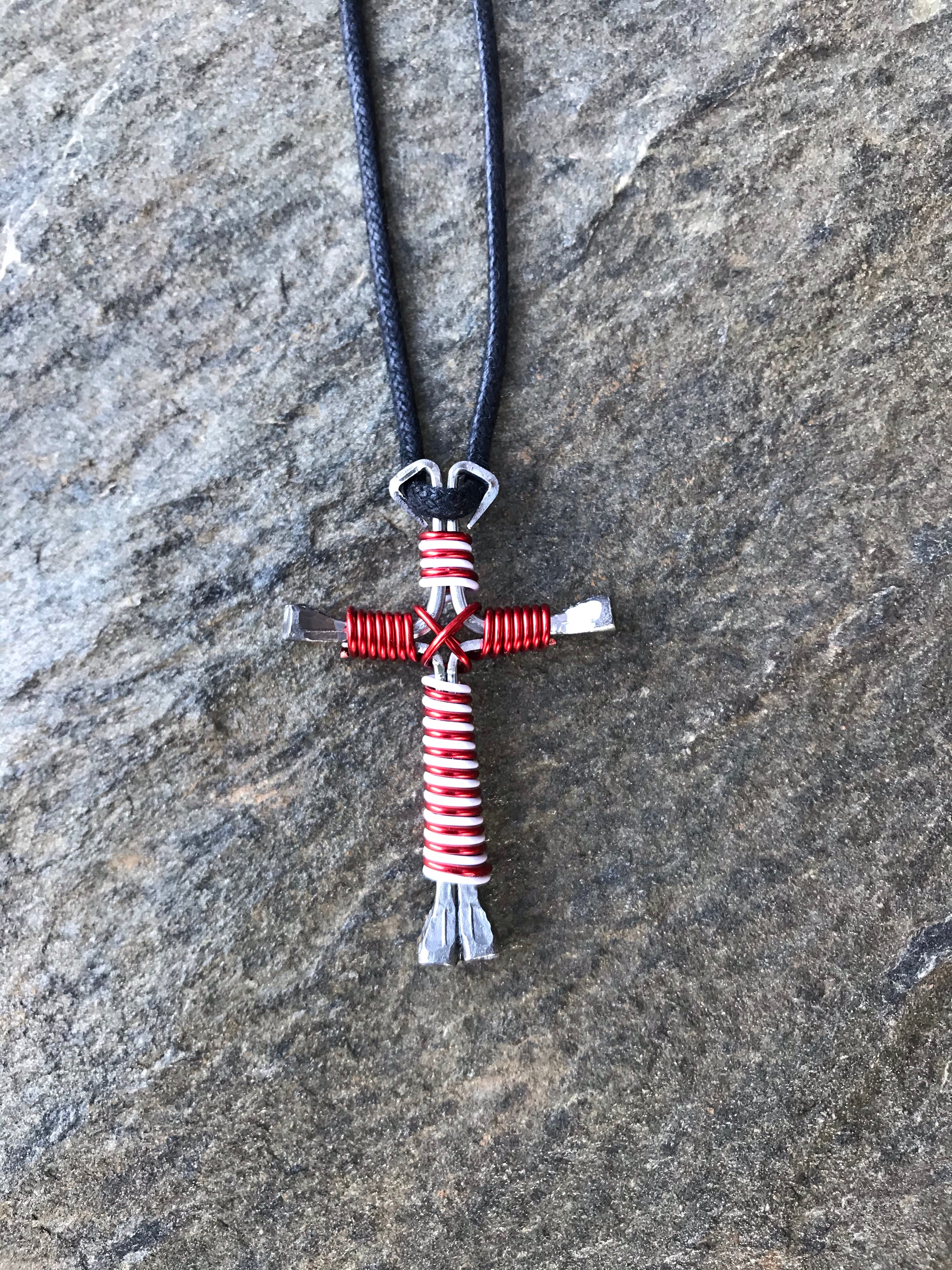 Red/White Intertwined Horseshoe Nail Cross Necklace