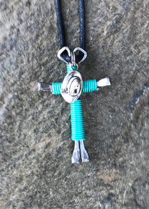 Turquoise Horseshoe Nail Cross Necklace with Hat Charm