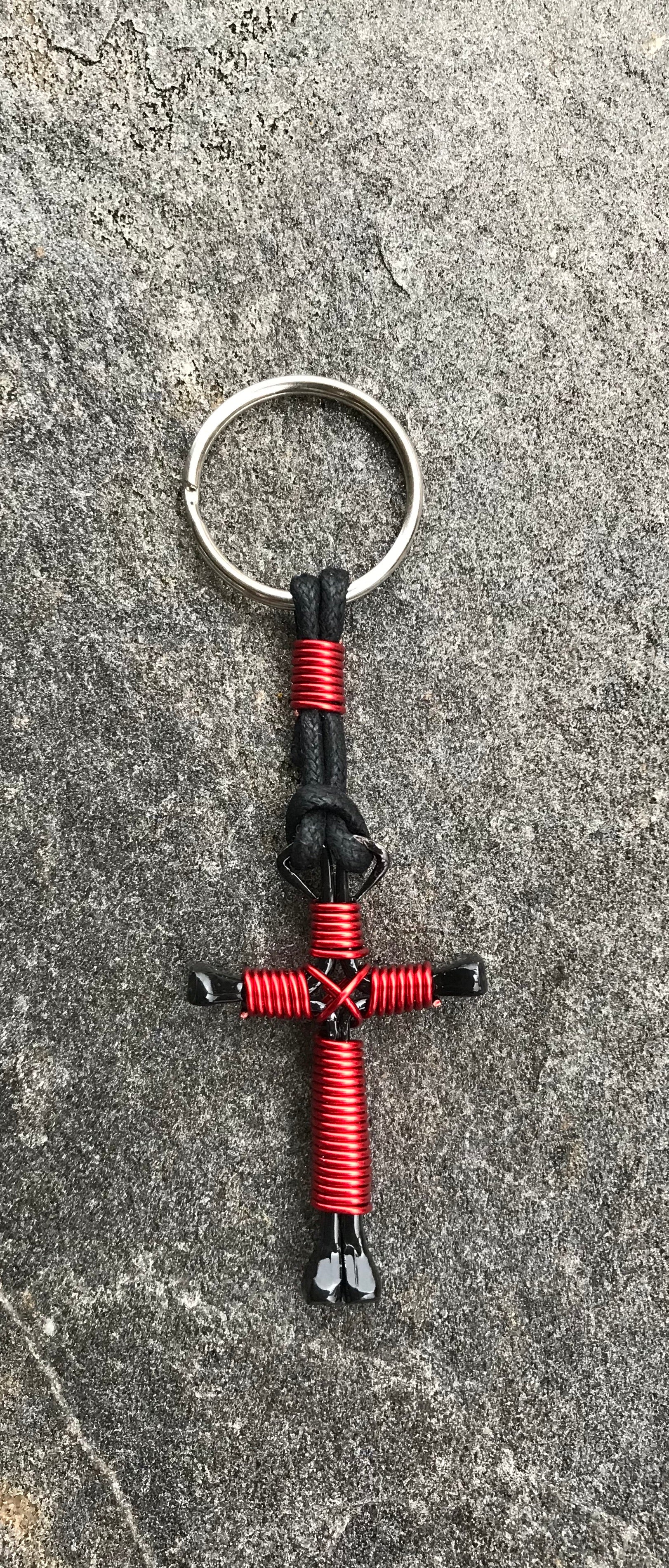 Red Horseshoe Nail Cross Keychain with Black Nails