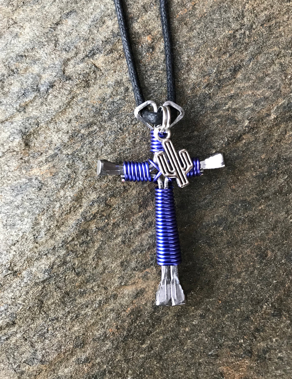 Lavender Horseshoe Nail Cross Necklace with Cactus Charm