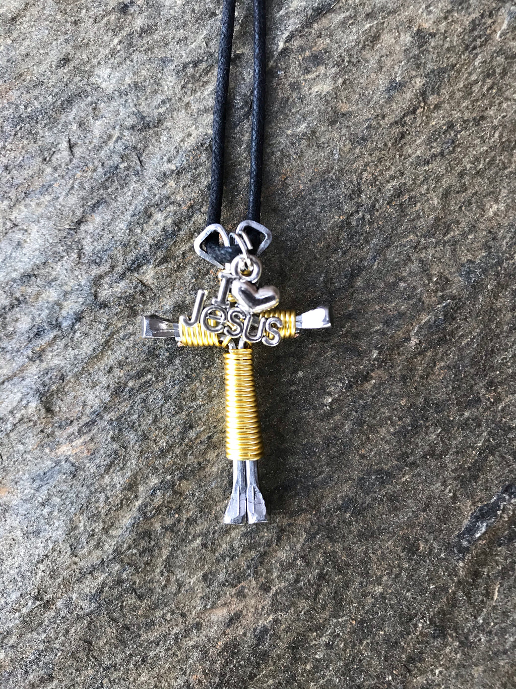 Yellow Horseshoe Nail Cross Necklace with I Love Jesus Charm