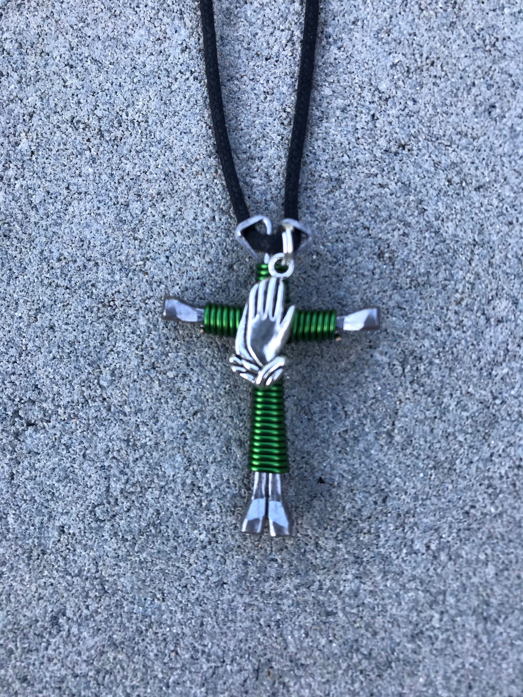 Green Cross Necklace with Praying Hands Charm Handmade of 4 Horseshoe Nails