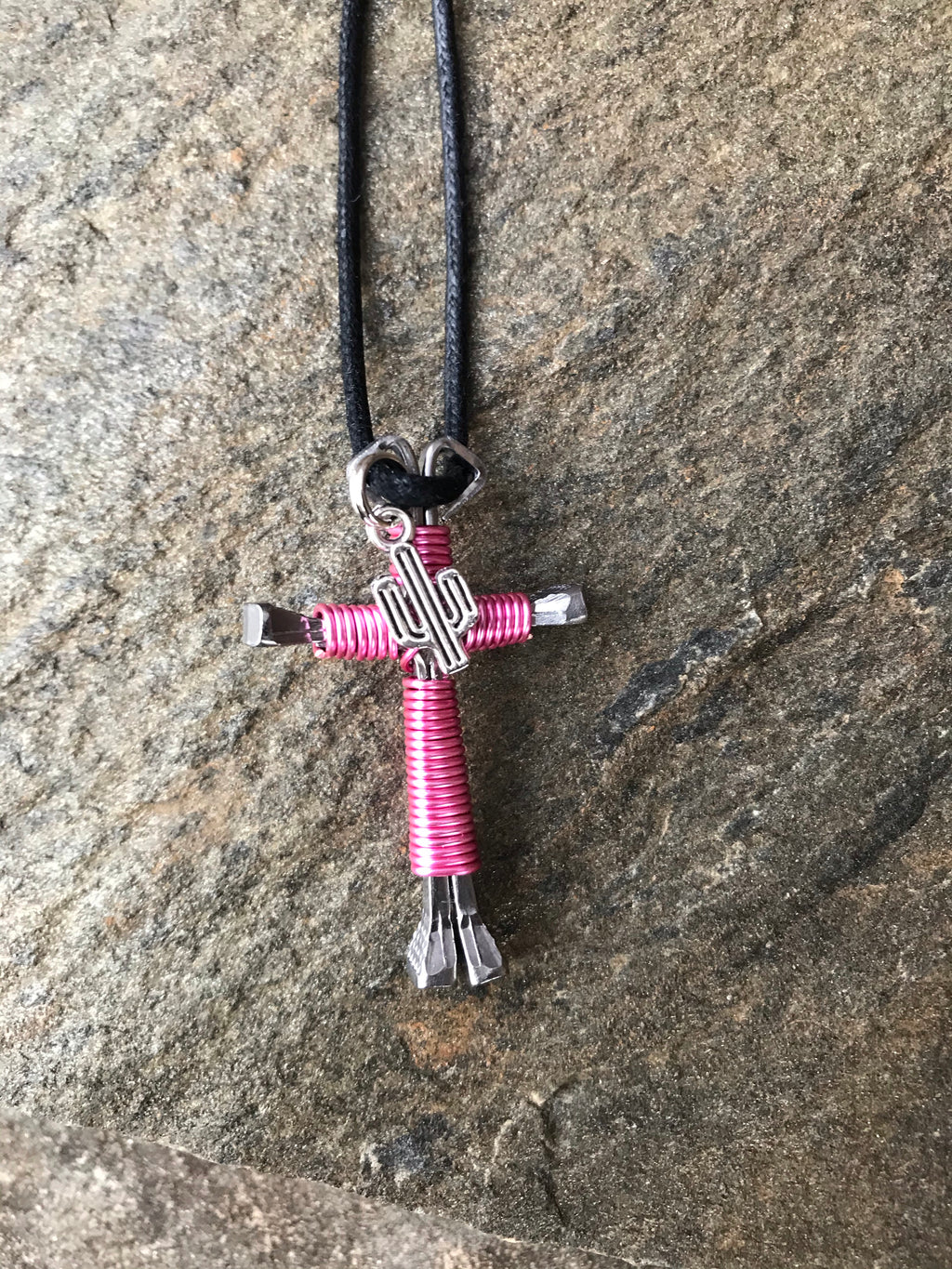 Pink Horseshoe Nail Cross Necklace with Cactus Charm