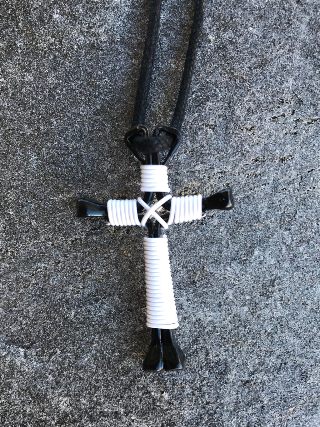 White Horseshoe Nail Cross Necklace With Black Nails