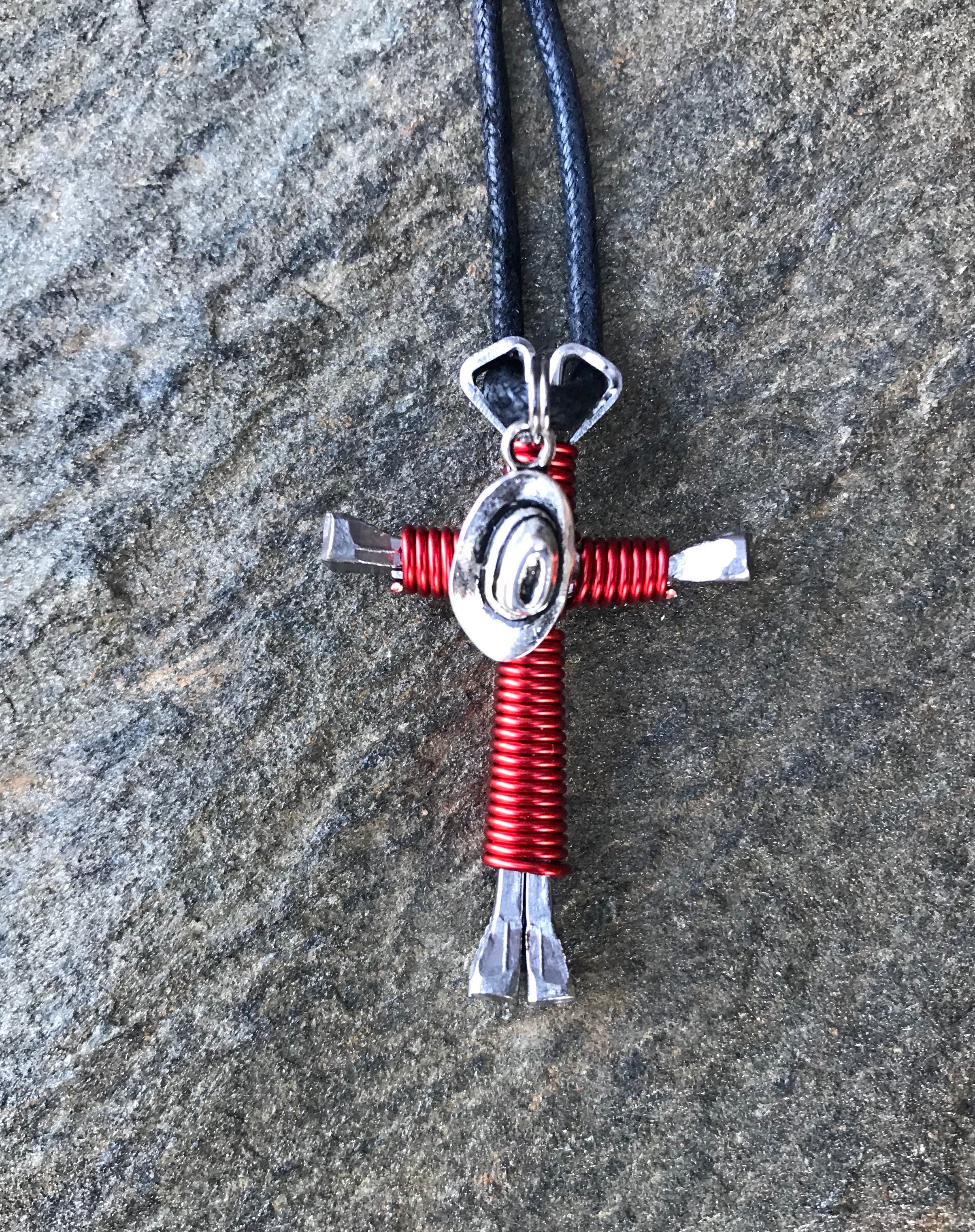 Red Horseshoe Nail Cross Necklace with Hat Charm