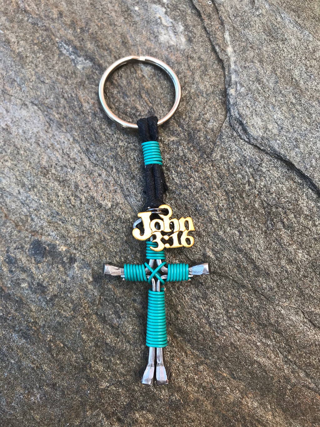 John 3:16 Turquoise Horseshoe Nail Cross Keychain