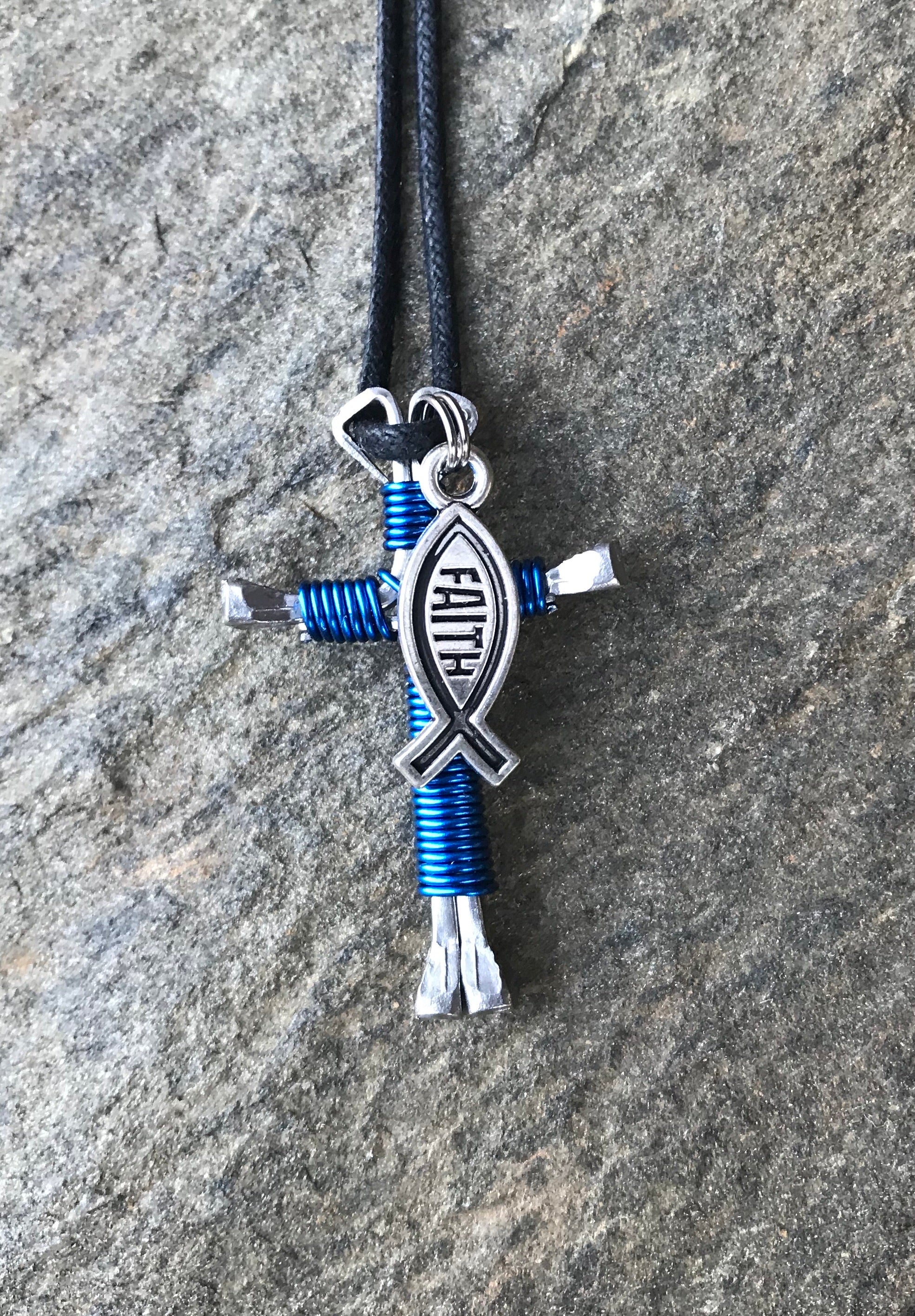 Blue - Royal Horseshoe Nail Cross Necklace with Faith Charm