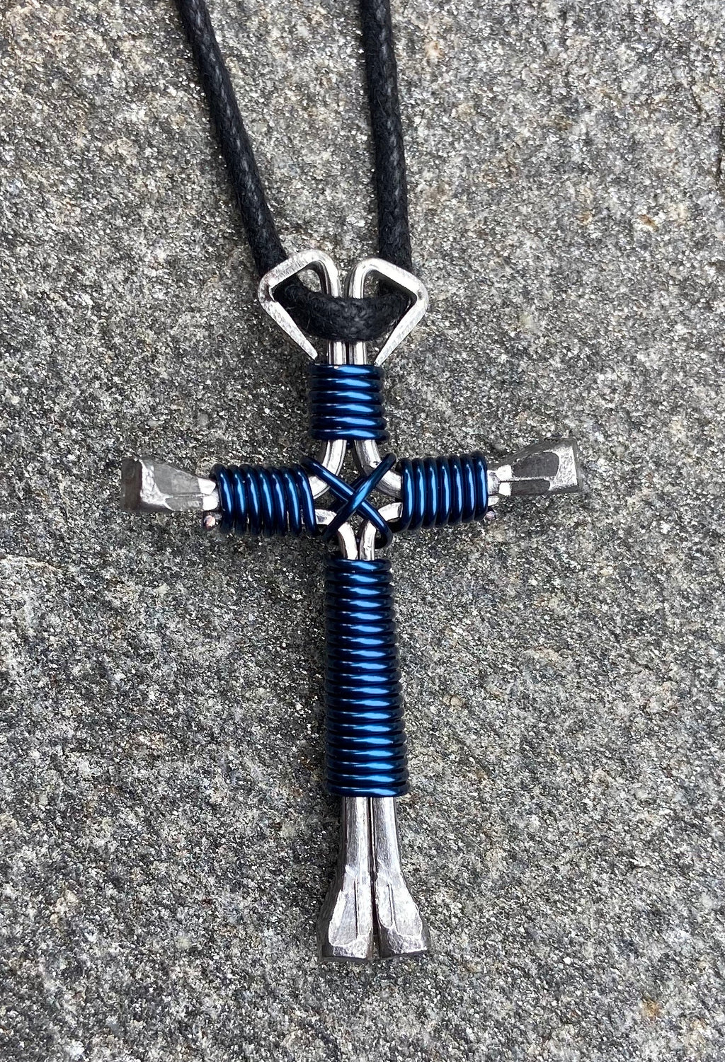 Men's Blue - Western Handmade Navy Horseshoe Nail Cross Necklace