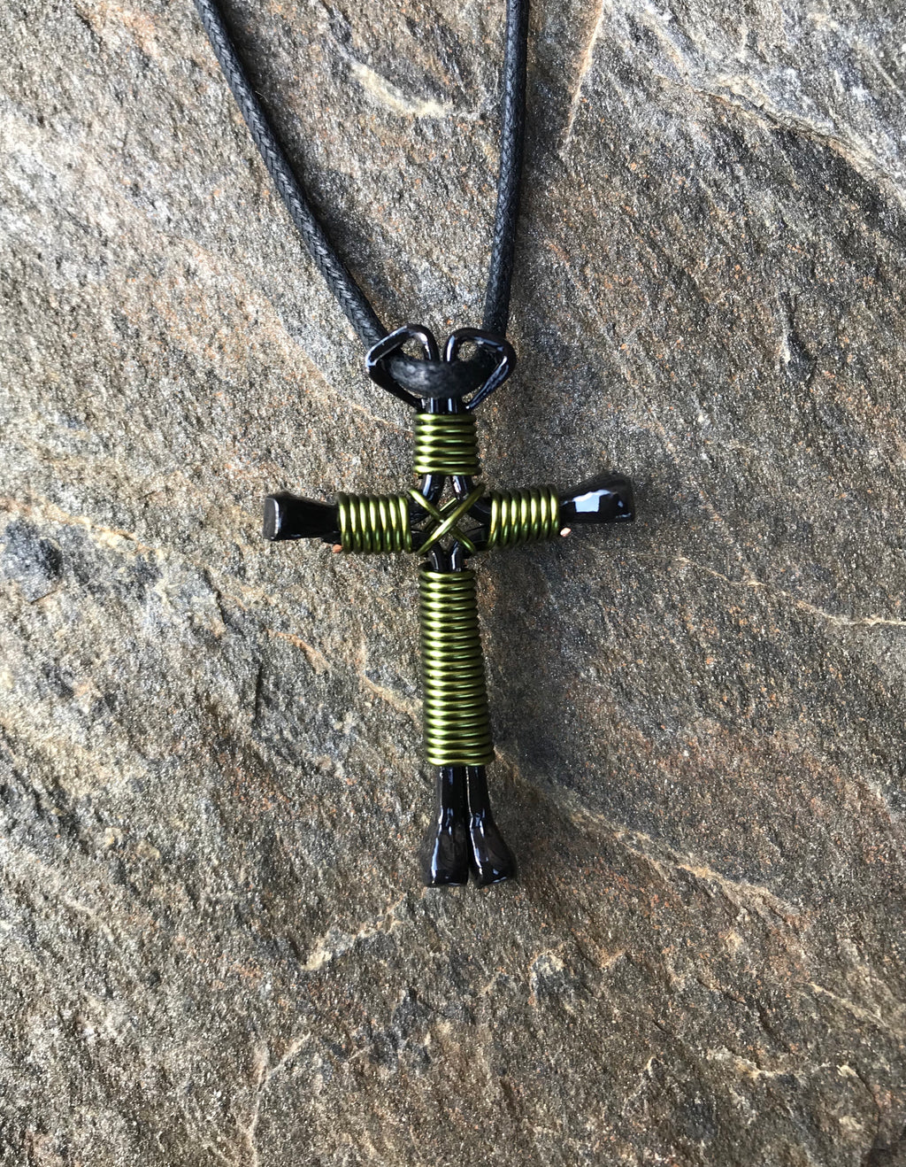 Army Green Horseshoe Nail Cross Necklace with Black Nails