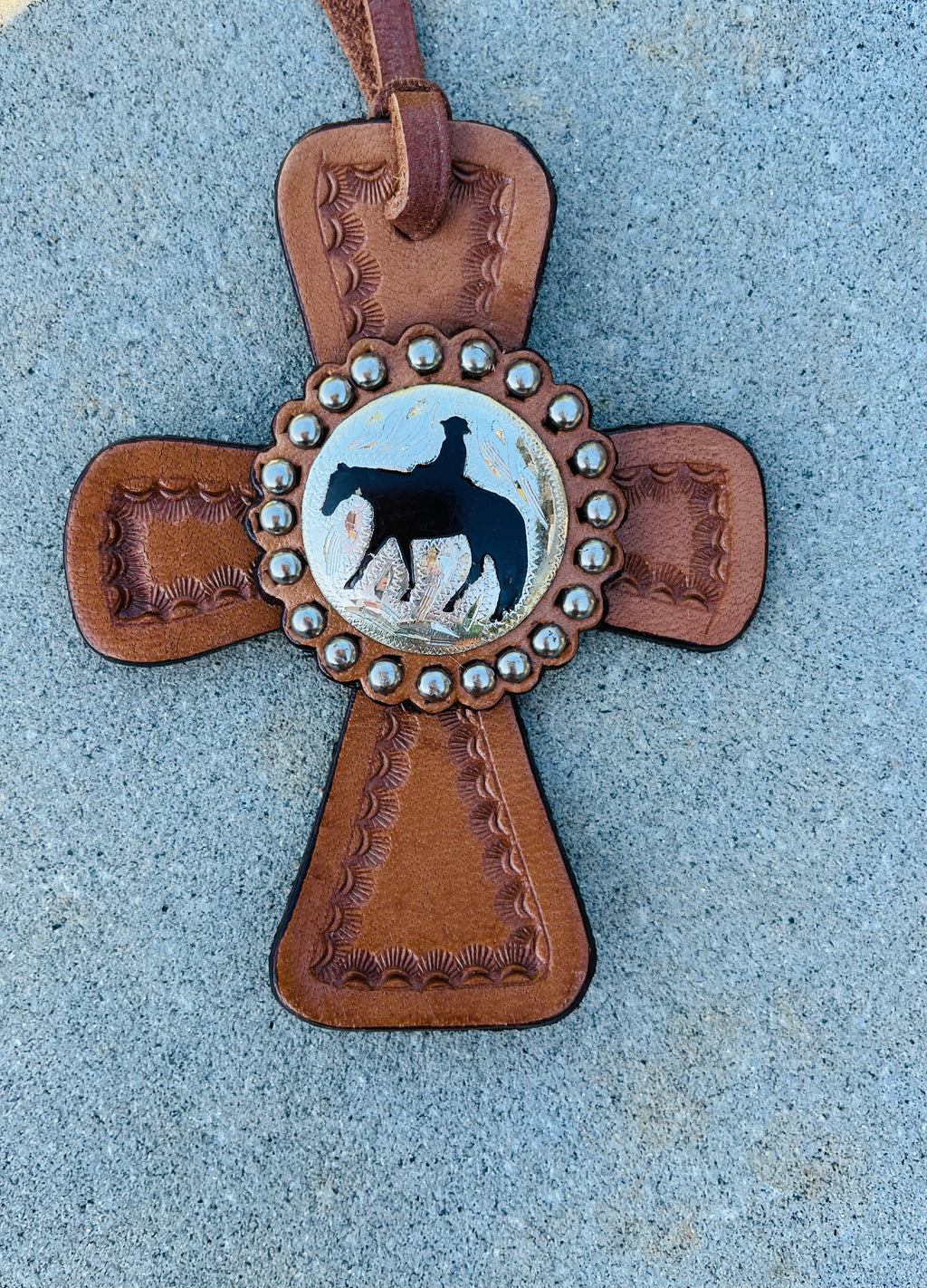 Horse Riding Western Leather Cross with Tooling ~Tie on Saddle ~  Western Rear view mirror decor