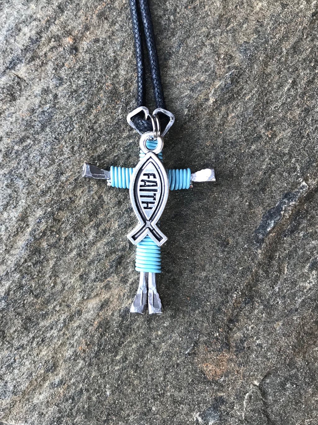 Blue - Sky Horseshoe Nail Cross Necklace with Faith Charm