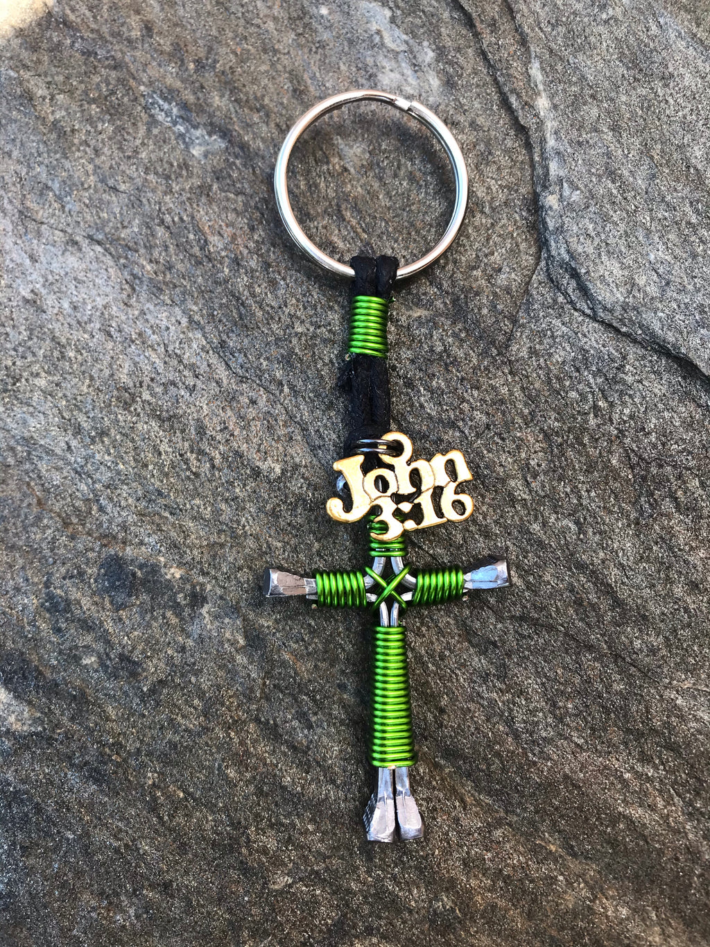 Horseshoe Nail Cross Lime Green Keychain with John 3:16 Charm