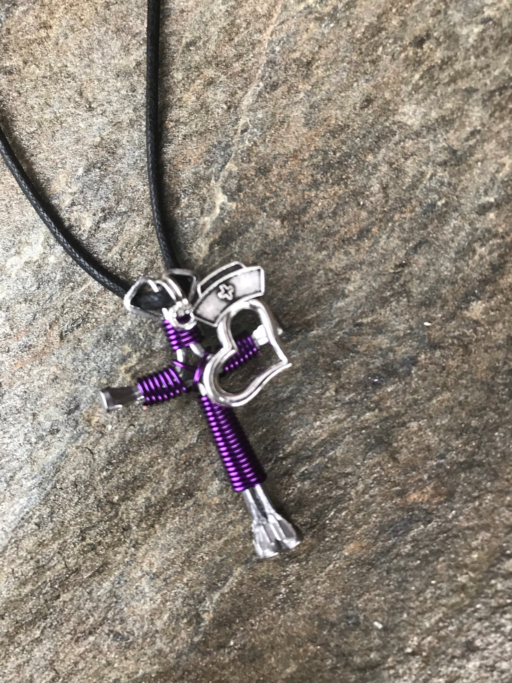 Purple Horseshoe Nail Cross Necklace with Nurse Charm