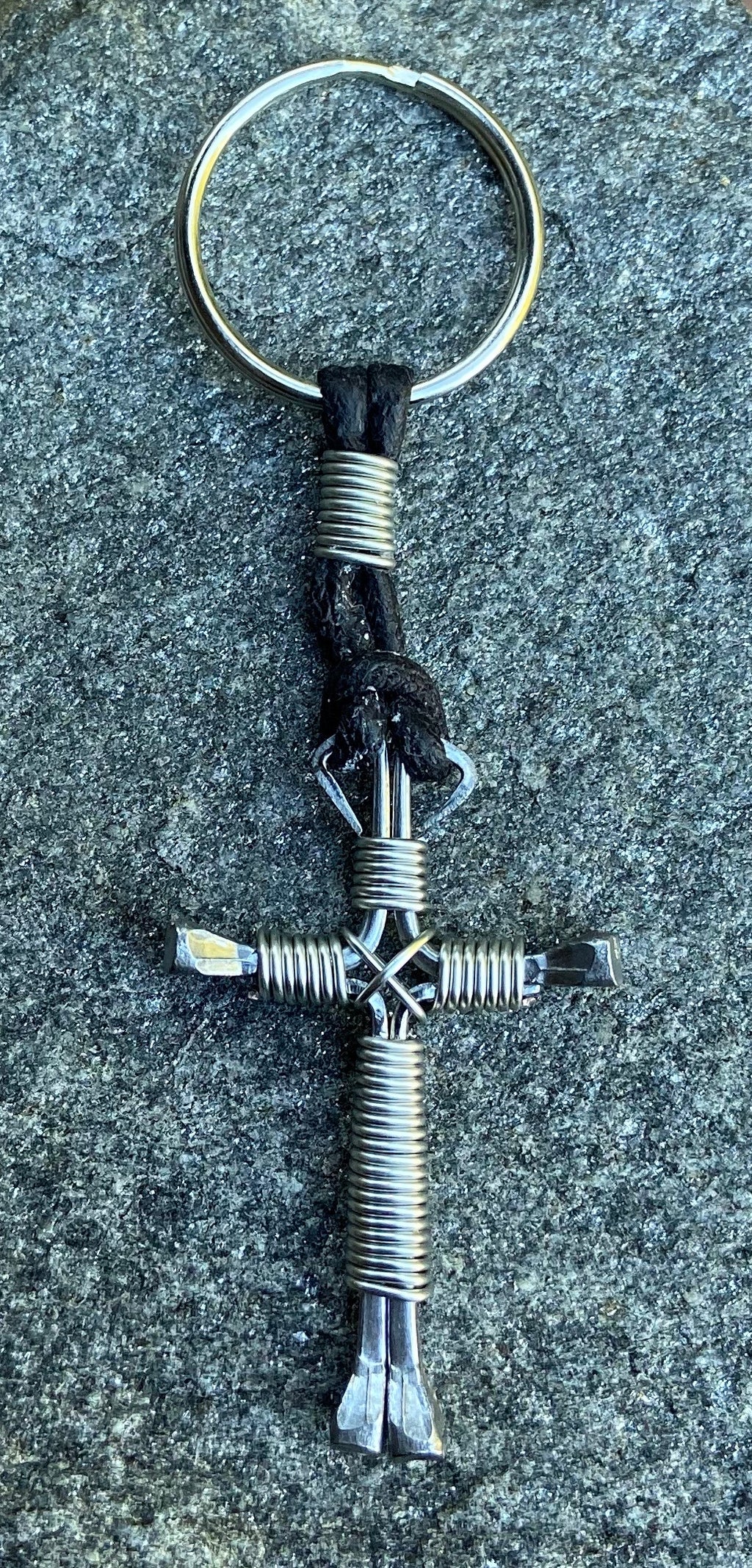 Silver Horseshoe Nail Cross Keychain