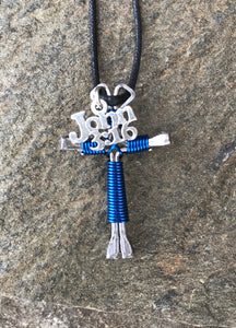 Blue - Royal Horseshoe Nail Cross Necklace with John 3:16 Charm