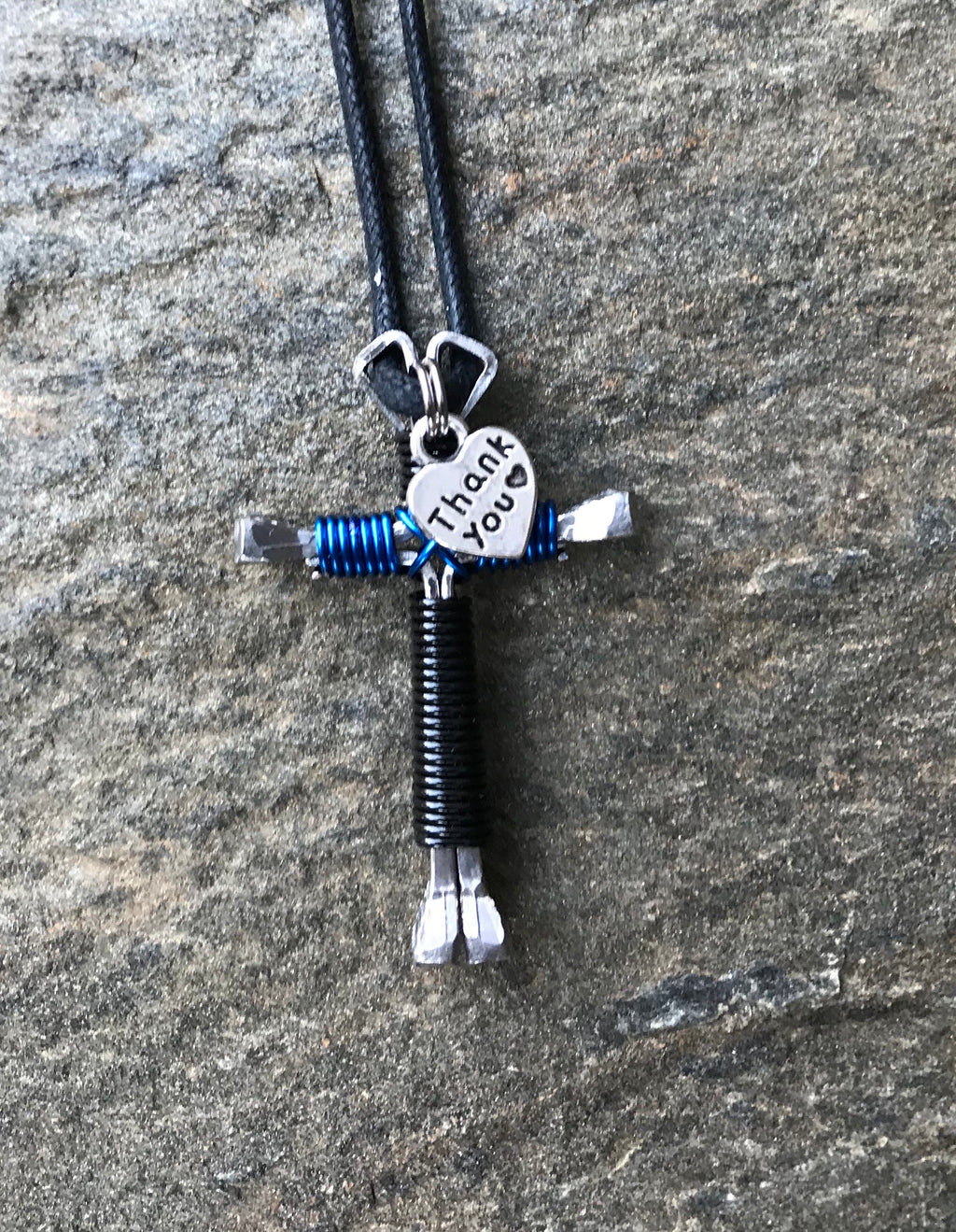 Black/Blue Horseshoe Nail Cross Necklace with Charm (Thank a Policeman)