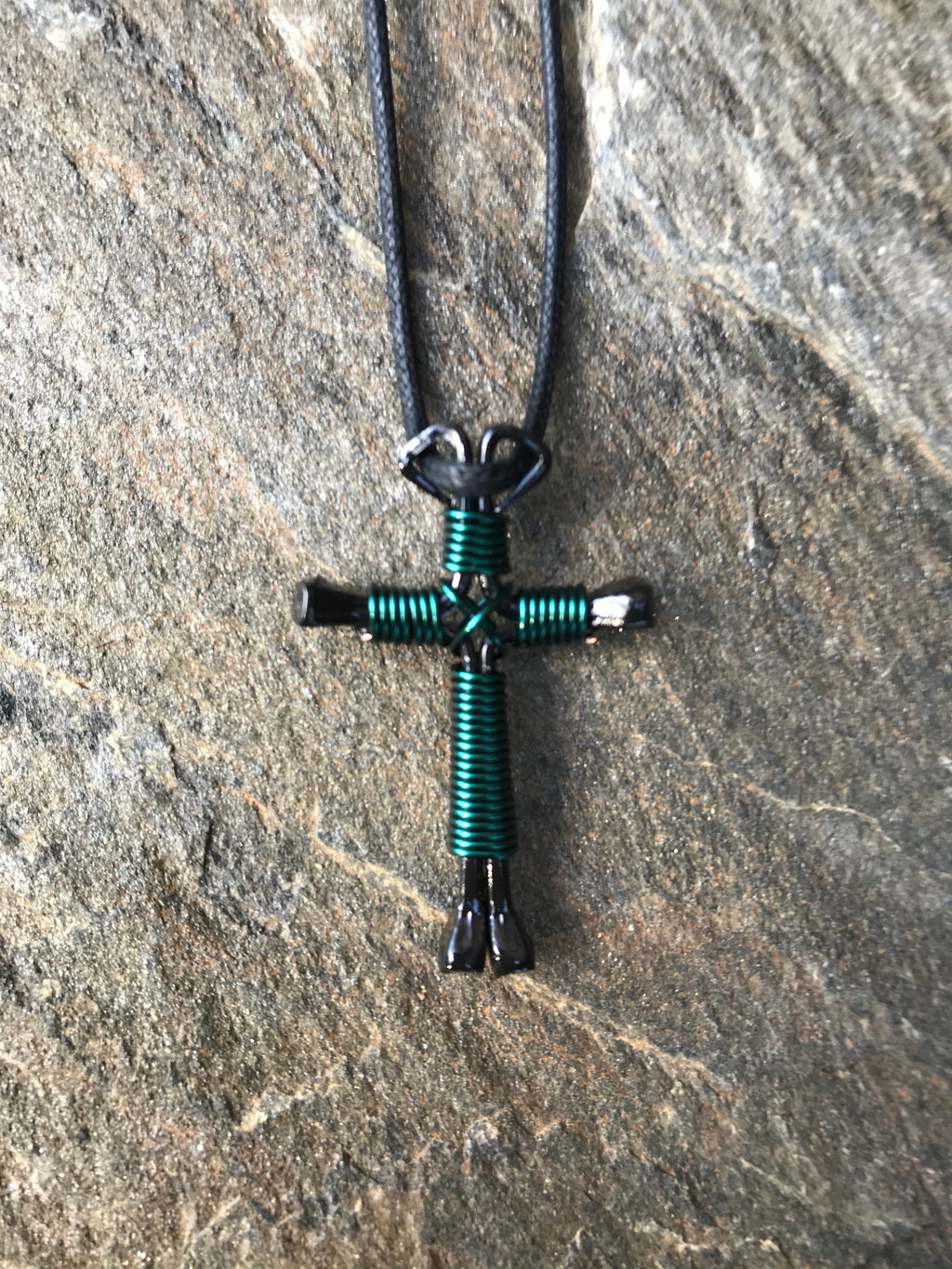 Western Teal Dark Green Horseshoe Nail Cross Necklace With Black Nails
