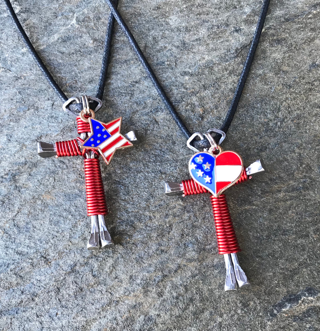 Red Horseshoe Nail Cross Necklace with American Star or American Heart Charm