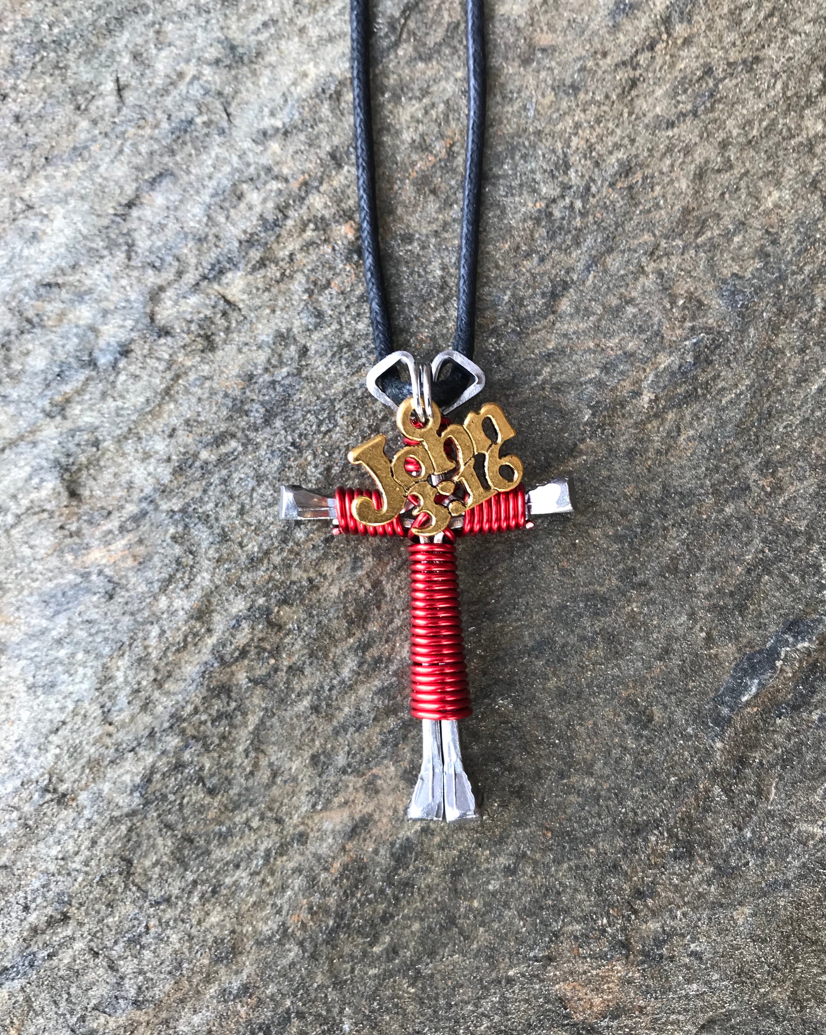 Red Horseshoe Nail Cross Necklace with John 3:16 Charm