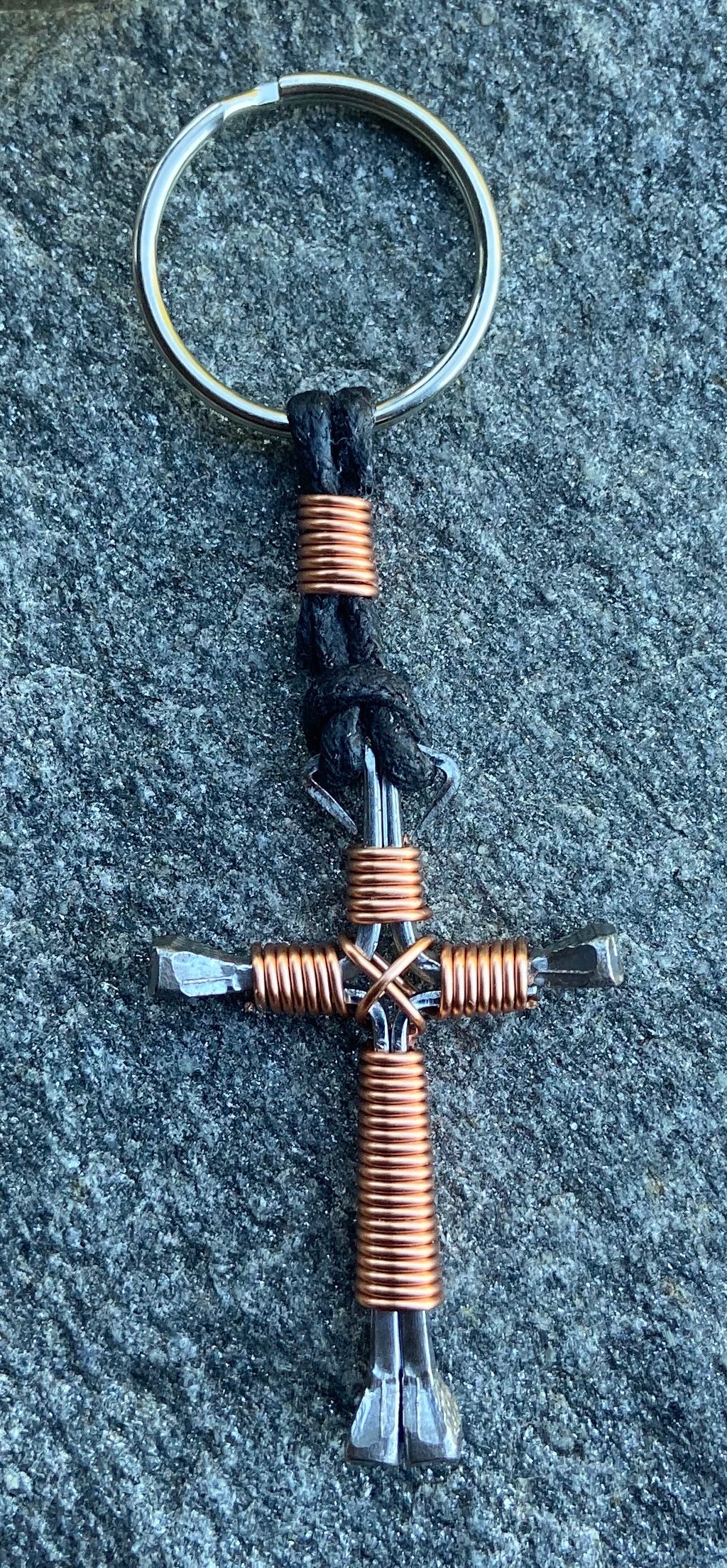 Copper Horseshoe Nail Cross Keychain