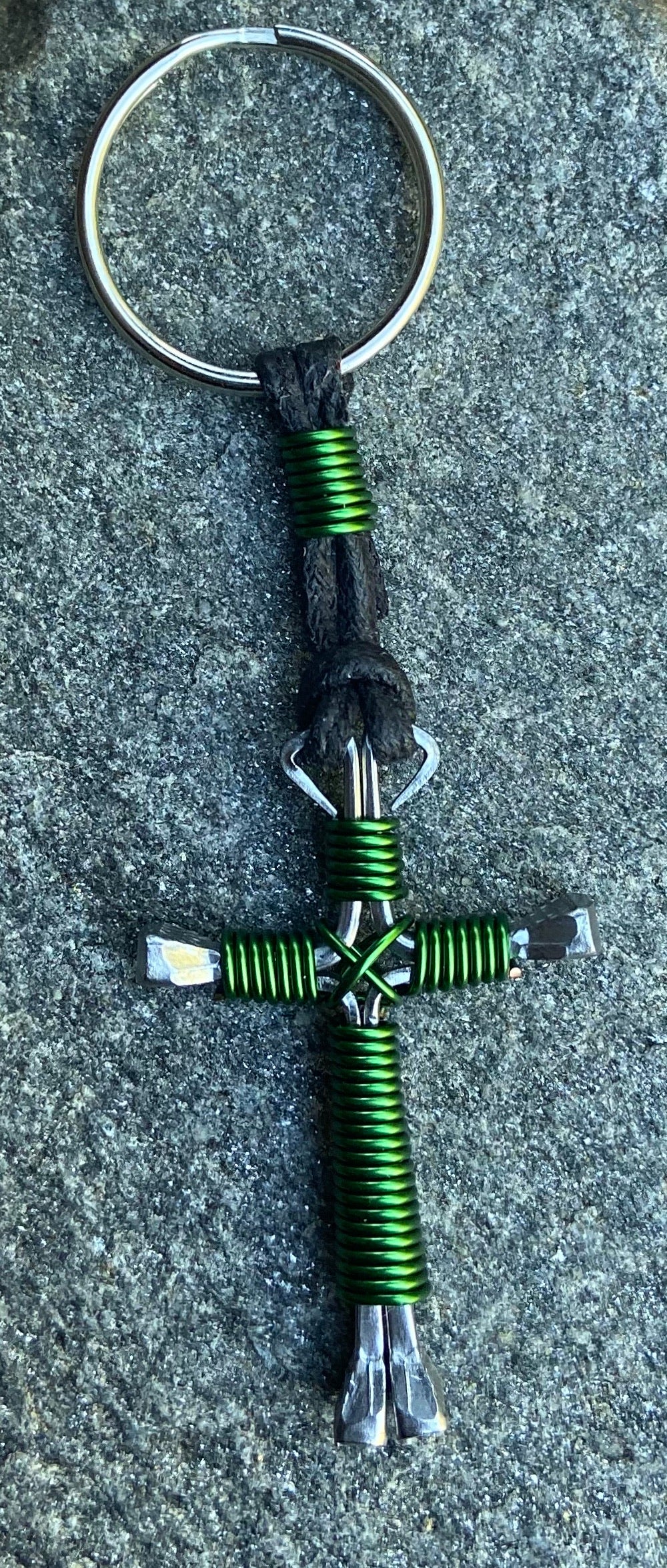 Green Horseshoe Nail Cross Keychain