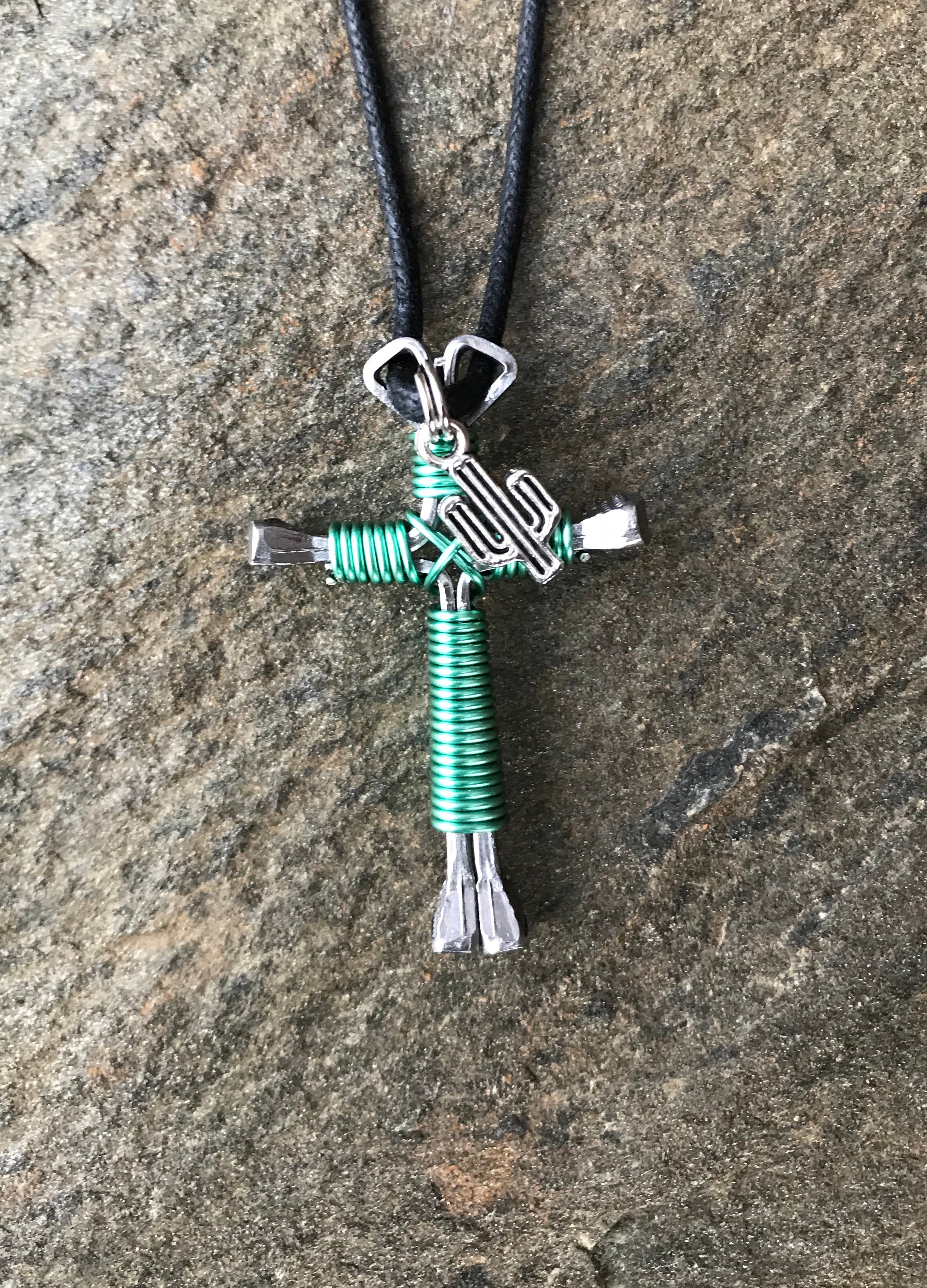 Seafoam Horseshoe Nail Cross Necklace with Cactus Charm