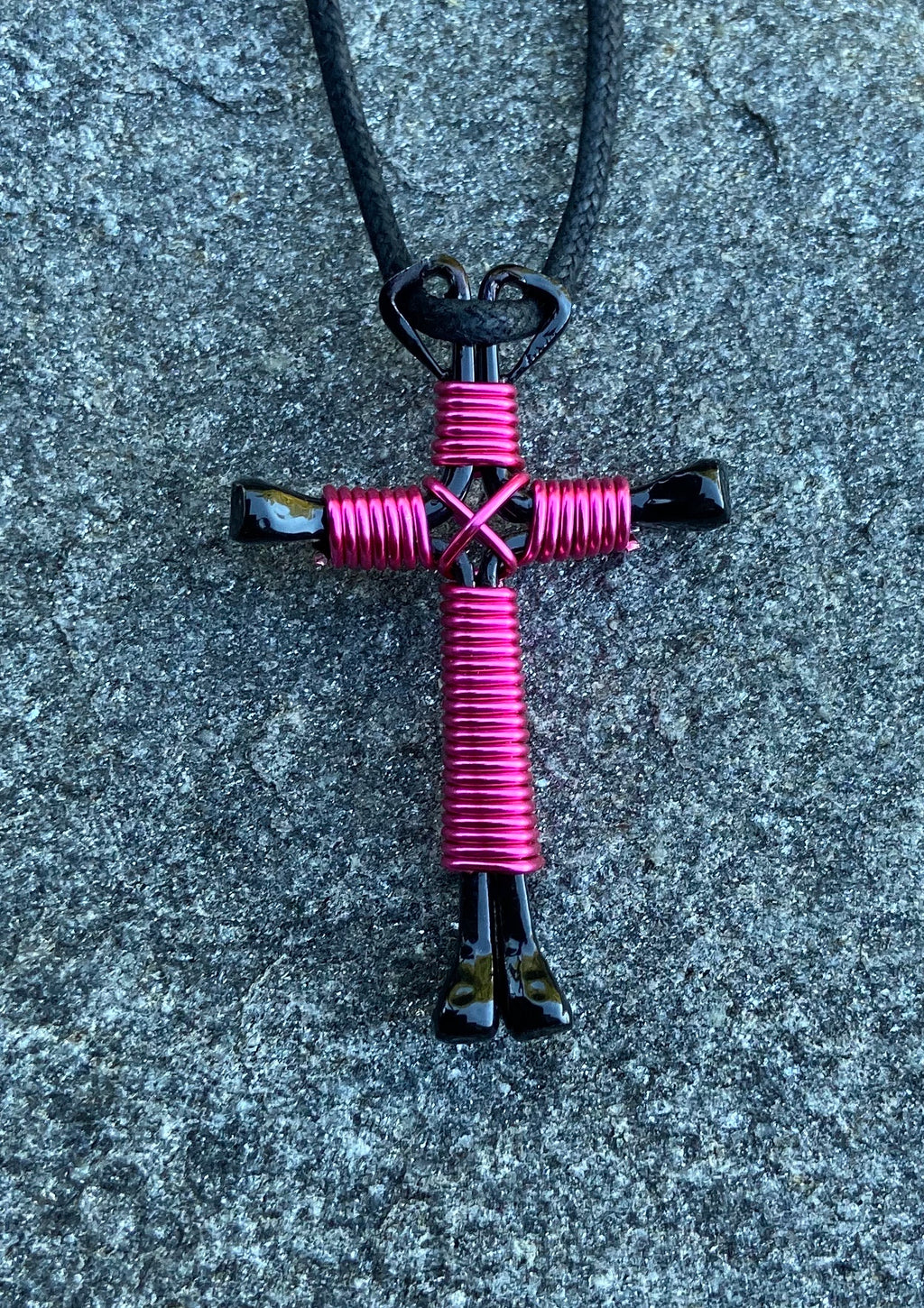Pink Horseshoe Nail Cross Necklace With Black Nails