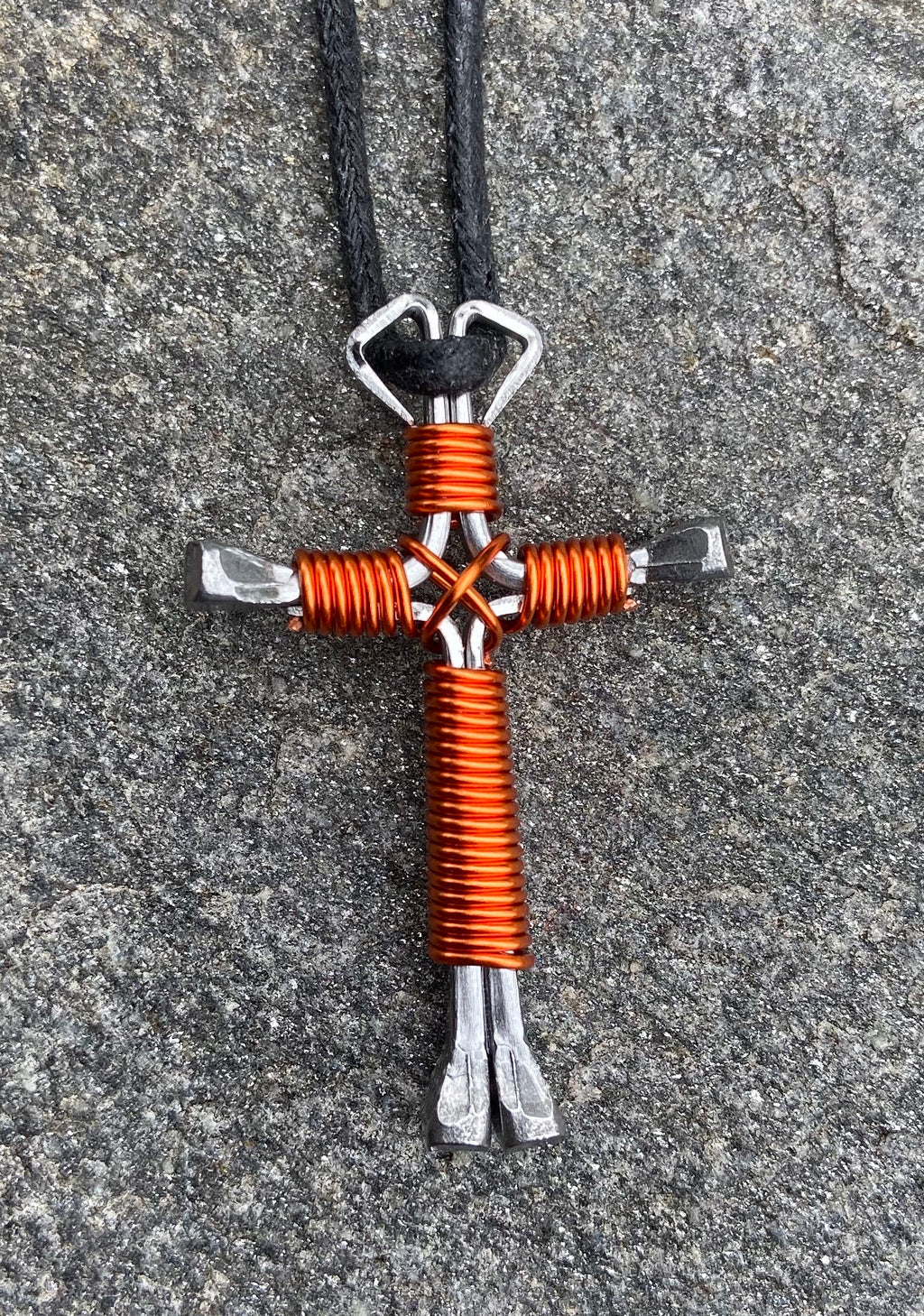 Orange Horseshoe Nail Cross Necklace