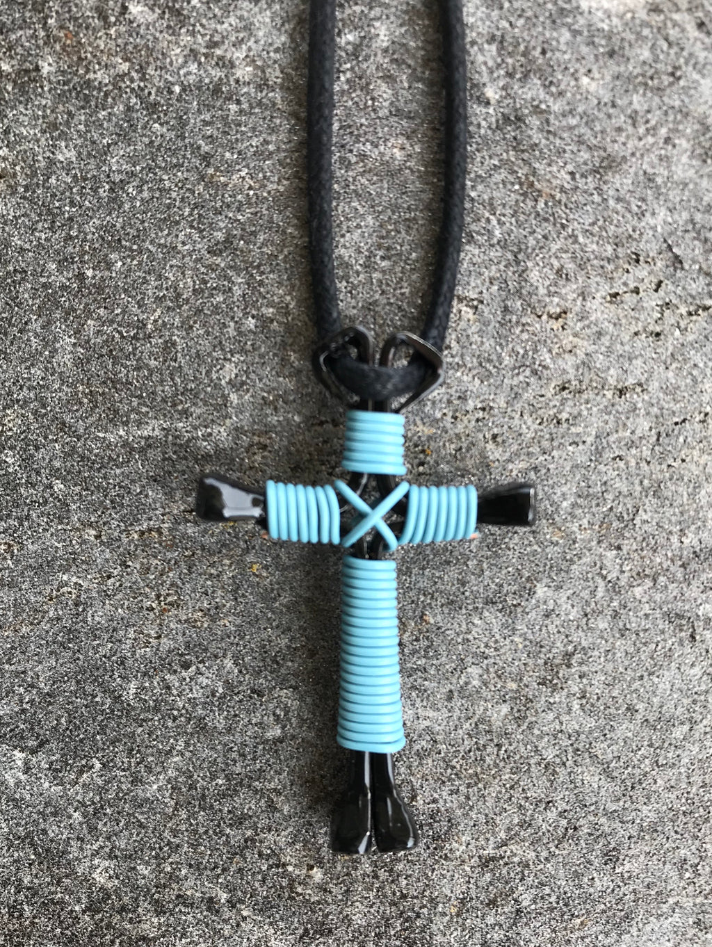 Blue - Sky Horseshoe Nail Cross Necklace With Black Nails