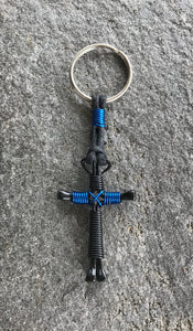 Black/Blue Horseshoe Nail Cross Keychain with Black Nails (Great for Policeman)