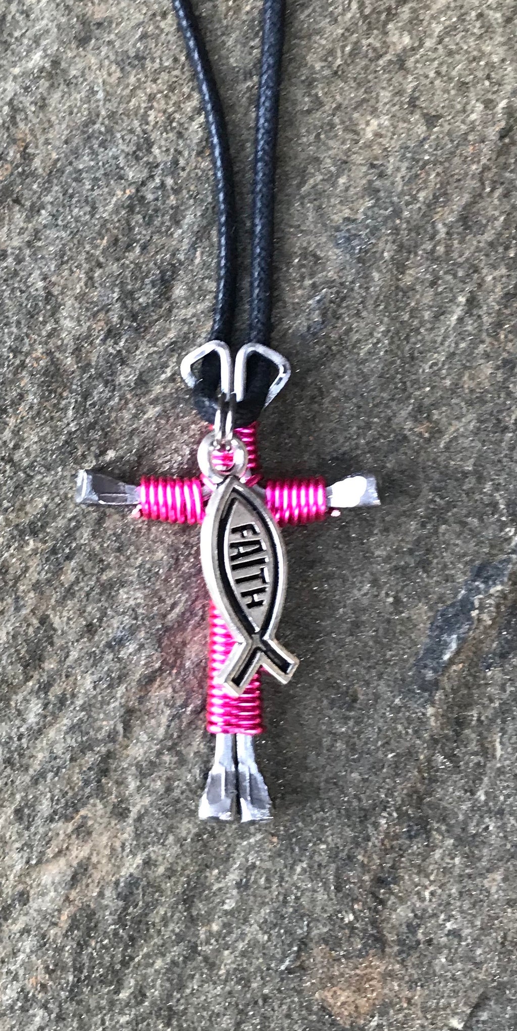 Pink Horseshoe Nail Cross Necklace with Faith Charm