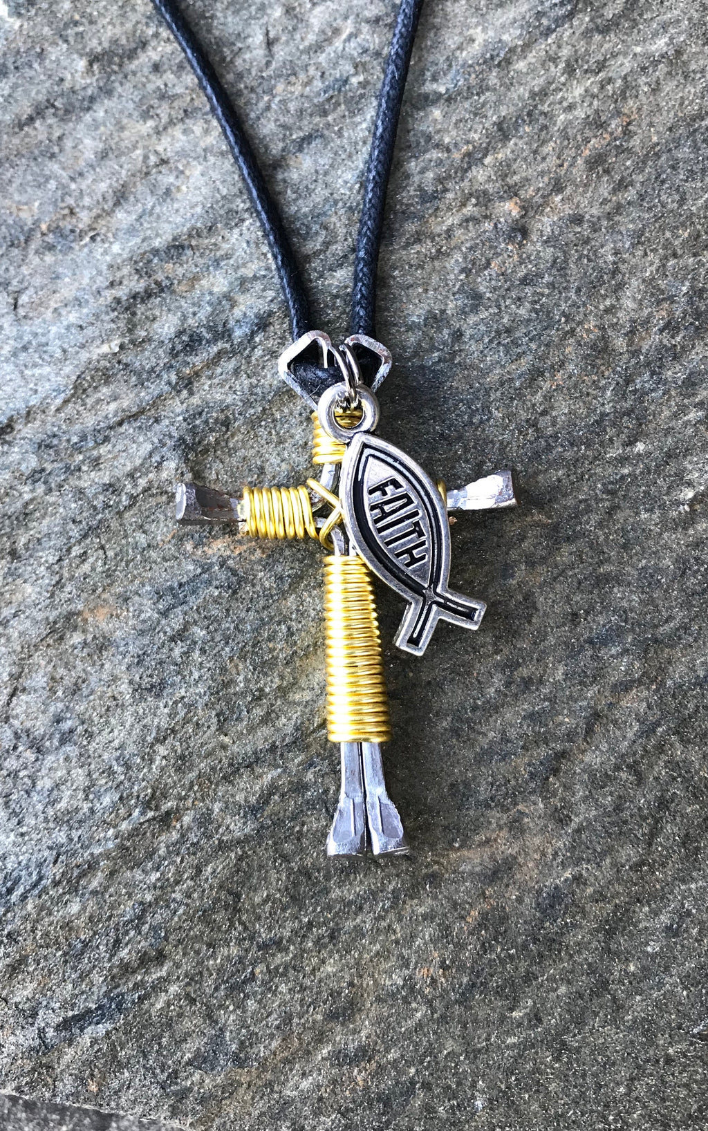 Yellow Horseshoe Nail Cross Necklace with Faith Charm