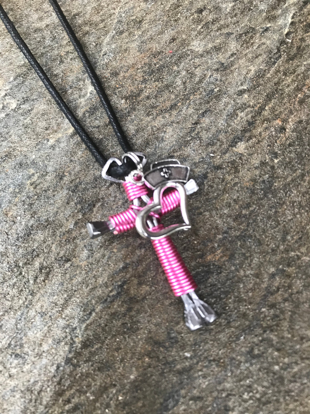 Pink Horseshoe Nail Cross Necklace with Nurse Charm