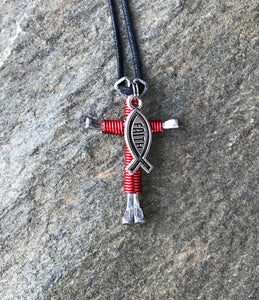 Red Horseshoe Nail Cross Necklace with Faith Charm