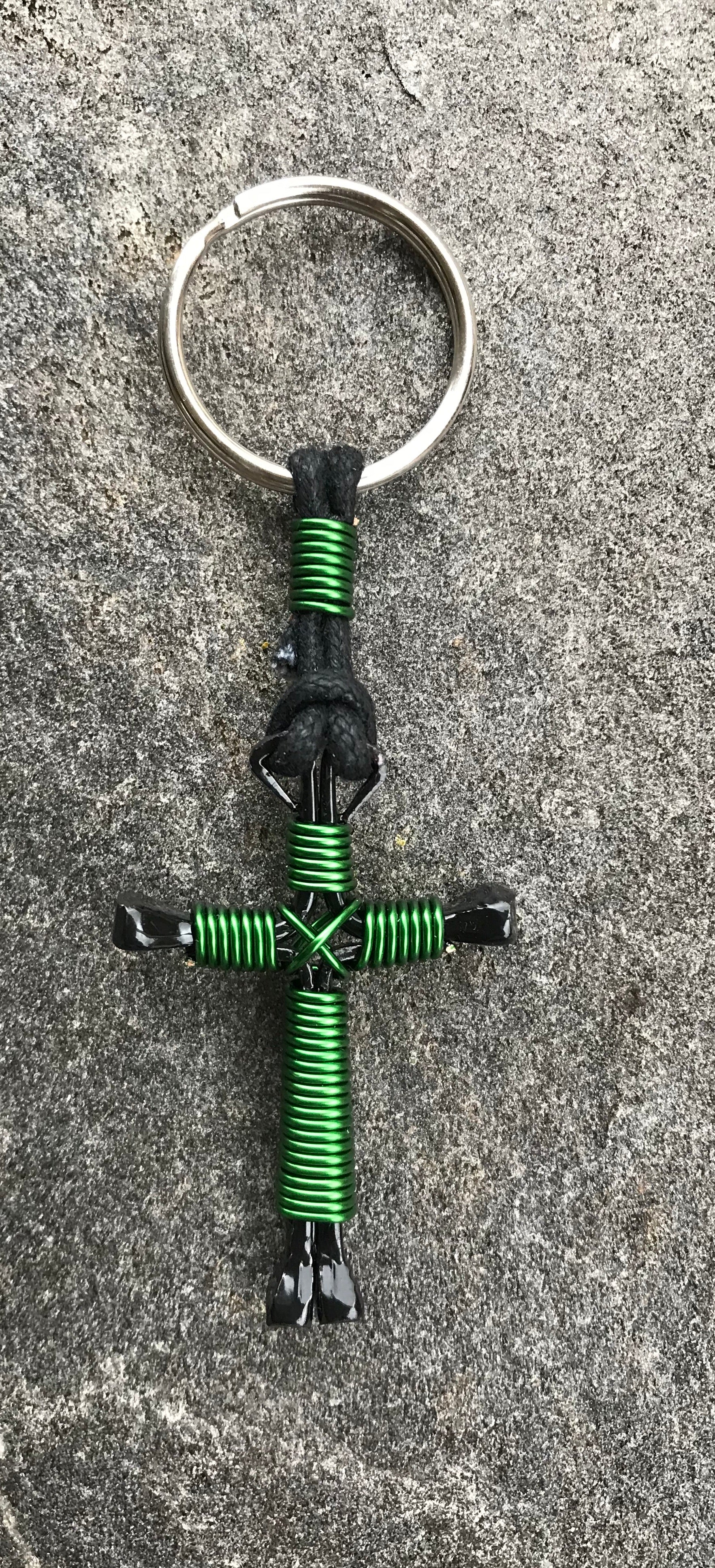 Green Horseshoe Nail Cross Keychain with Black Nails