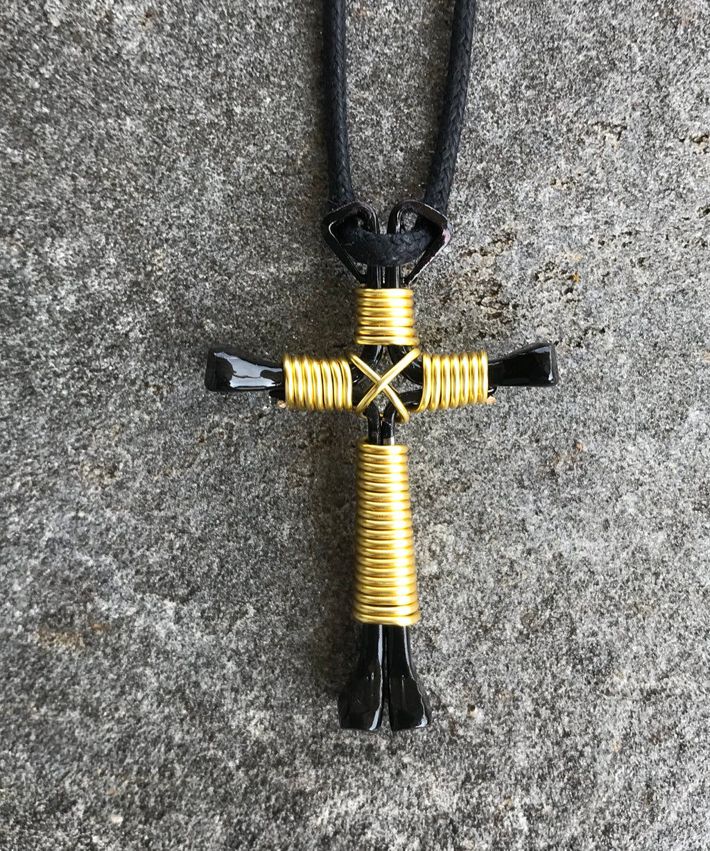 Yellow Horseshoe Nail Cross Necklace With Black Nails