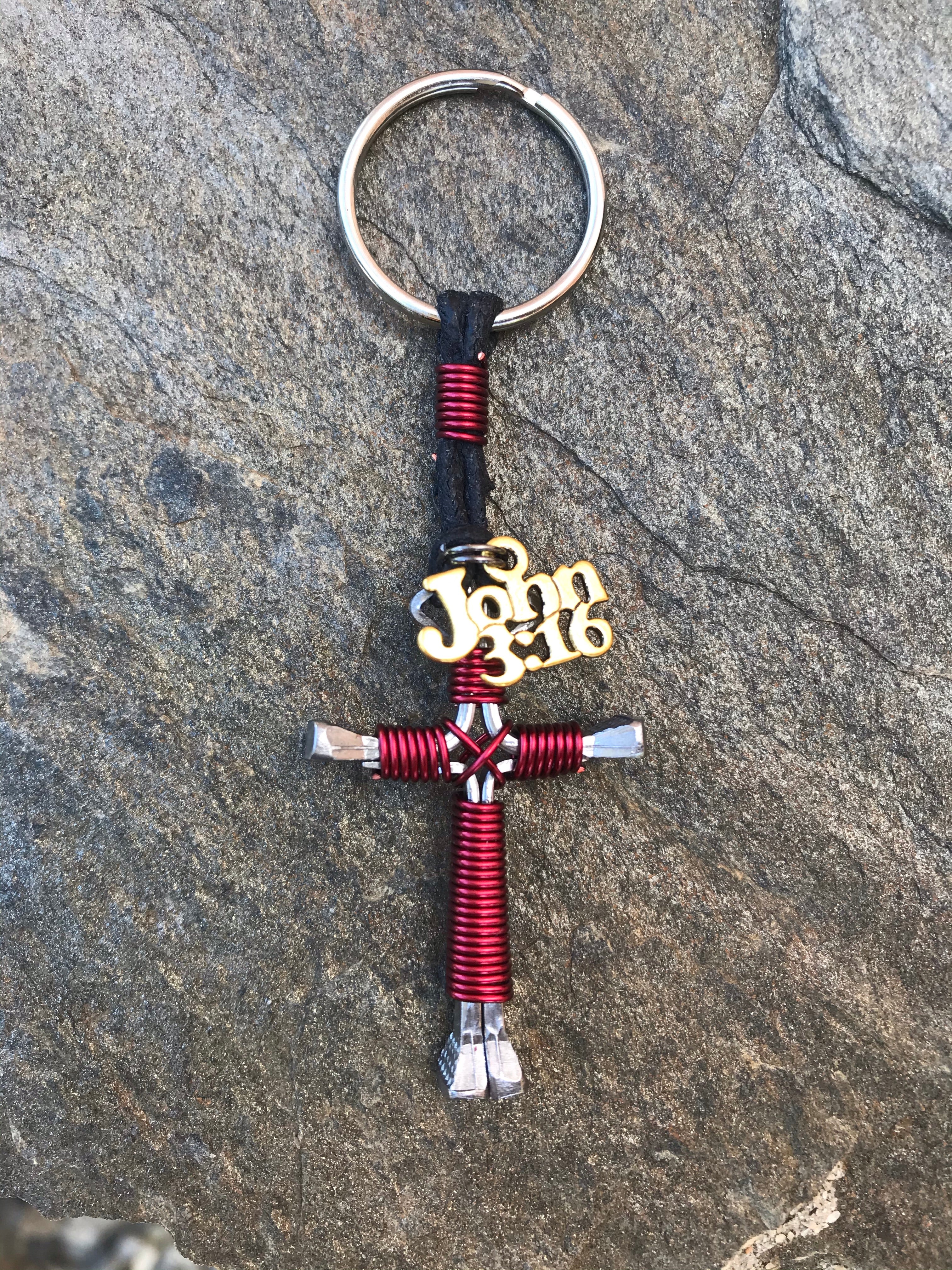 John 3:16 Red Horseshoe Nail Cross Keychain
