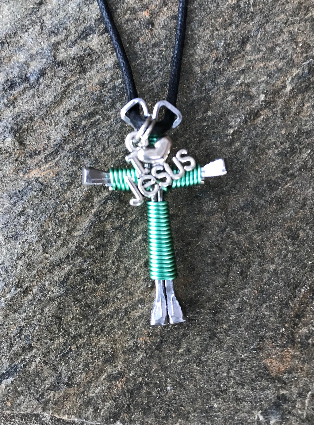 Seafoam Horseshoe Nail Cross Necklace with I Love Jesus Charm