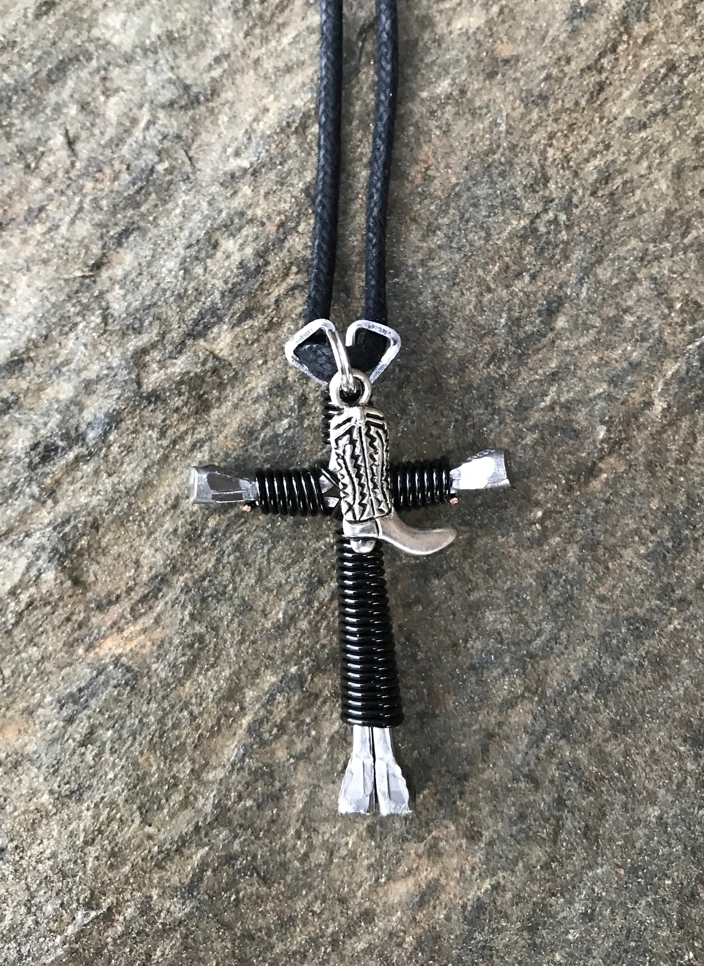 Horseshoe Black Nail Cross Necklace with Boot Charm