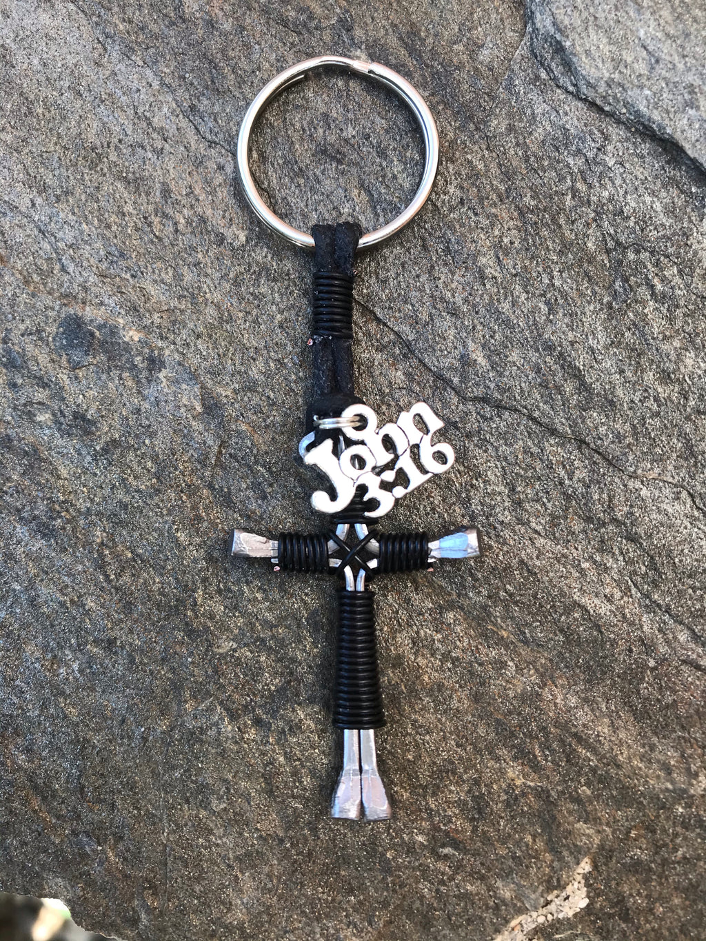 Black Horseshoe Nail Cross Keychain with John 3:16 Charm