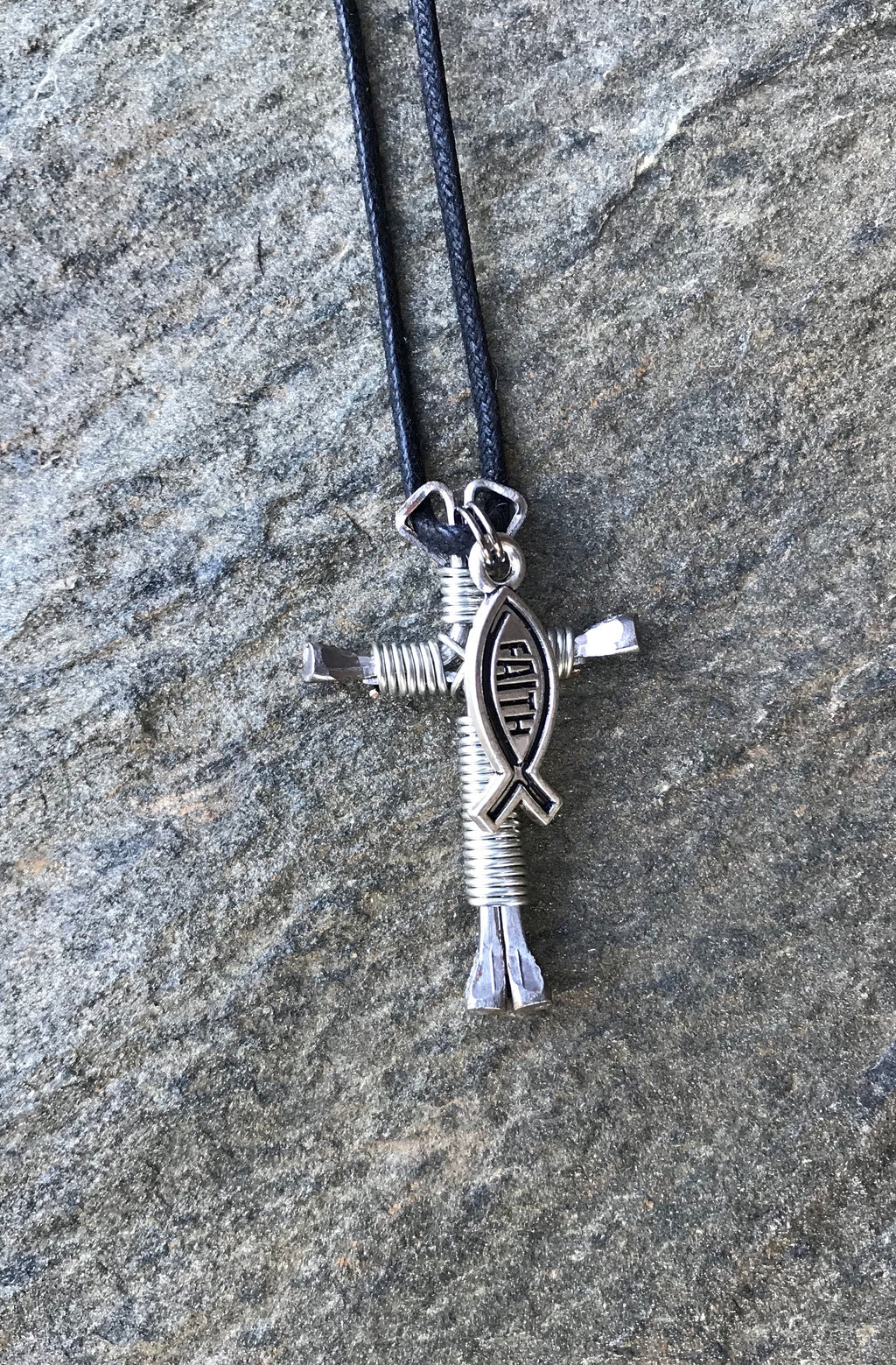 Silver Western Handmade Nail Cross Necklace with Faith Charm
